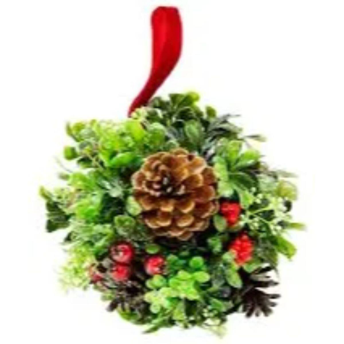 7&#x22; Green &#x26; Red Glitter Berry Pine Cone Topiary Ball Ornament