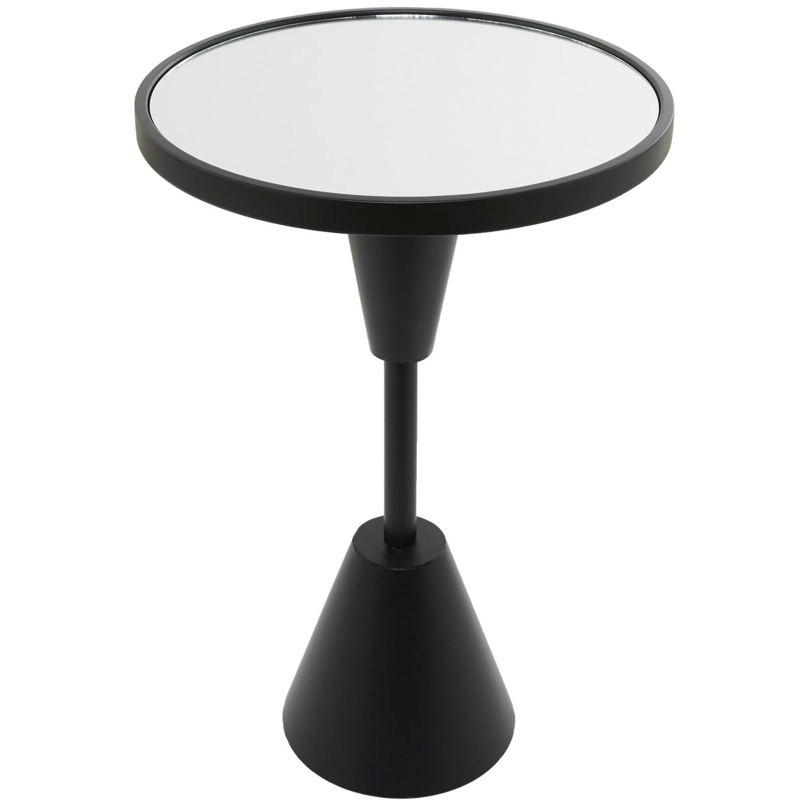 Black Metal Pedestal Base Accent Table with Mirrored Glass Top 16" x 16" x 24"