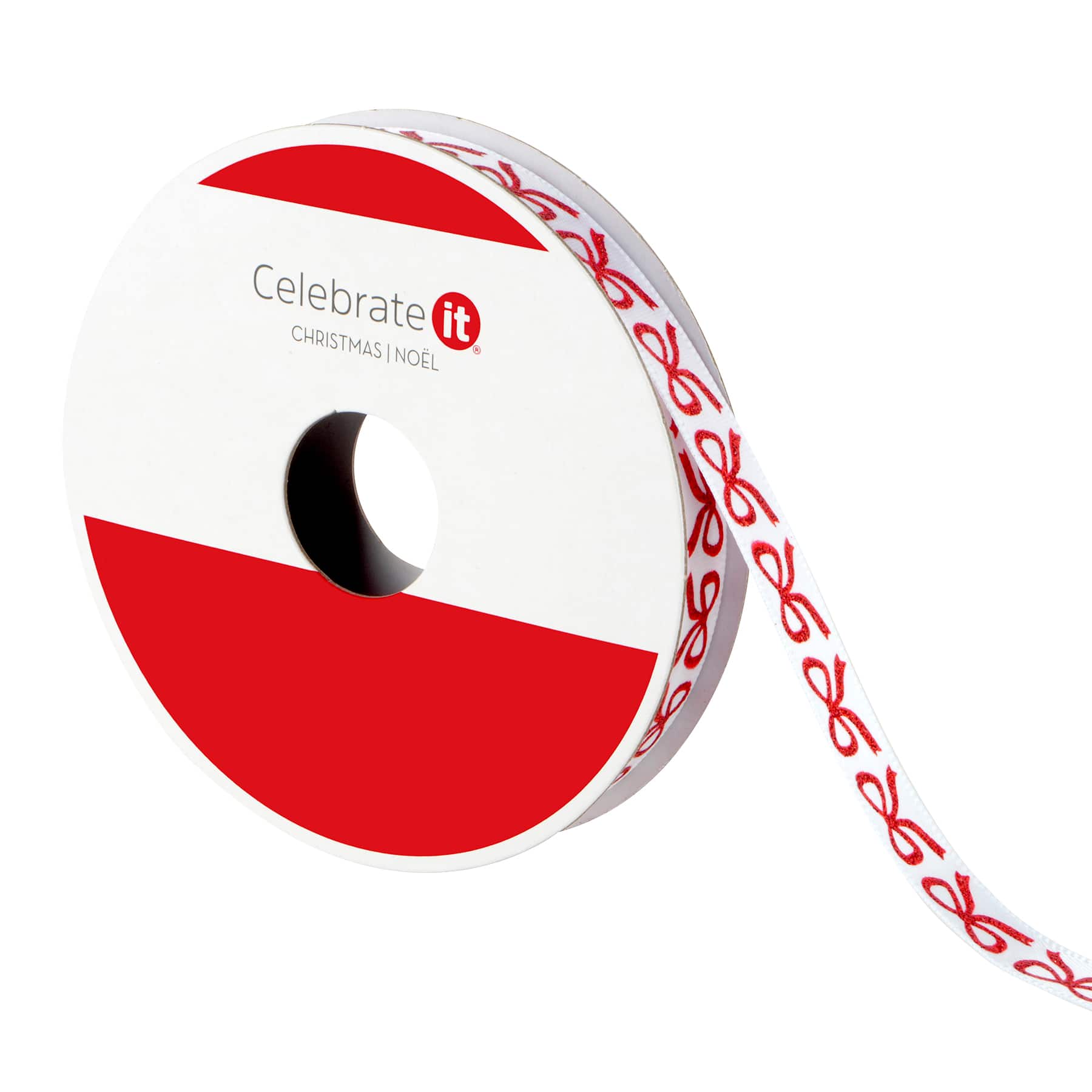 3/8&#x22; x 12ft. Red Bow on White Ribbon by Celebrate It&#xAE; Christmas