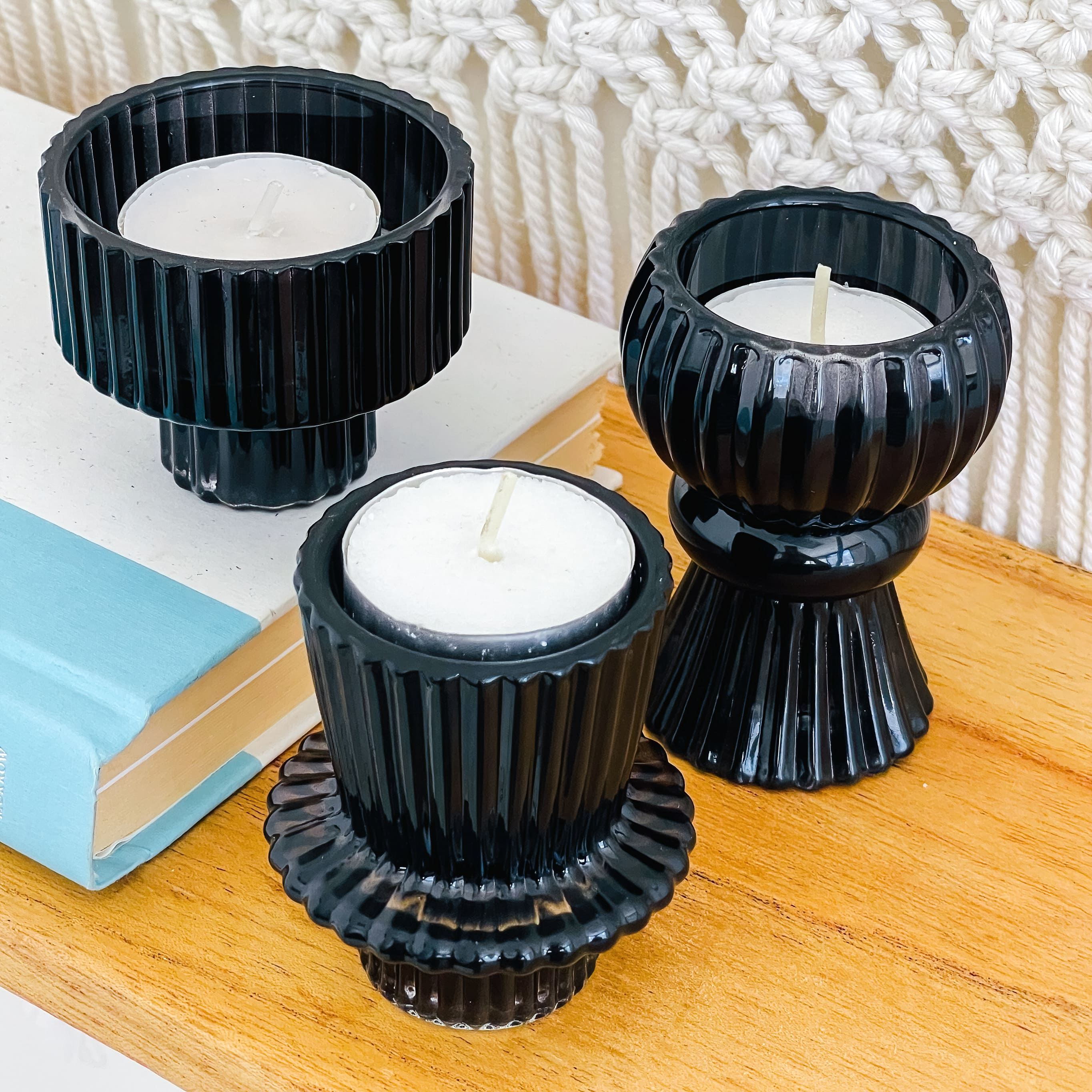 Kate Aspen® Assorted Vintage Ribbed Black Glass Candlestick Candle Holder Set