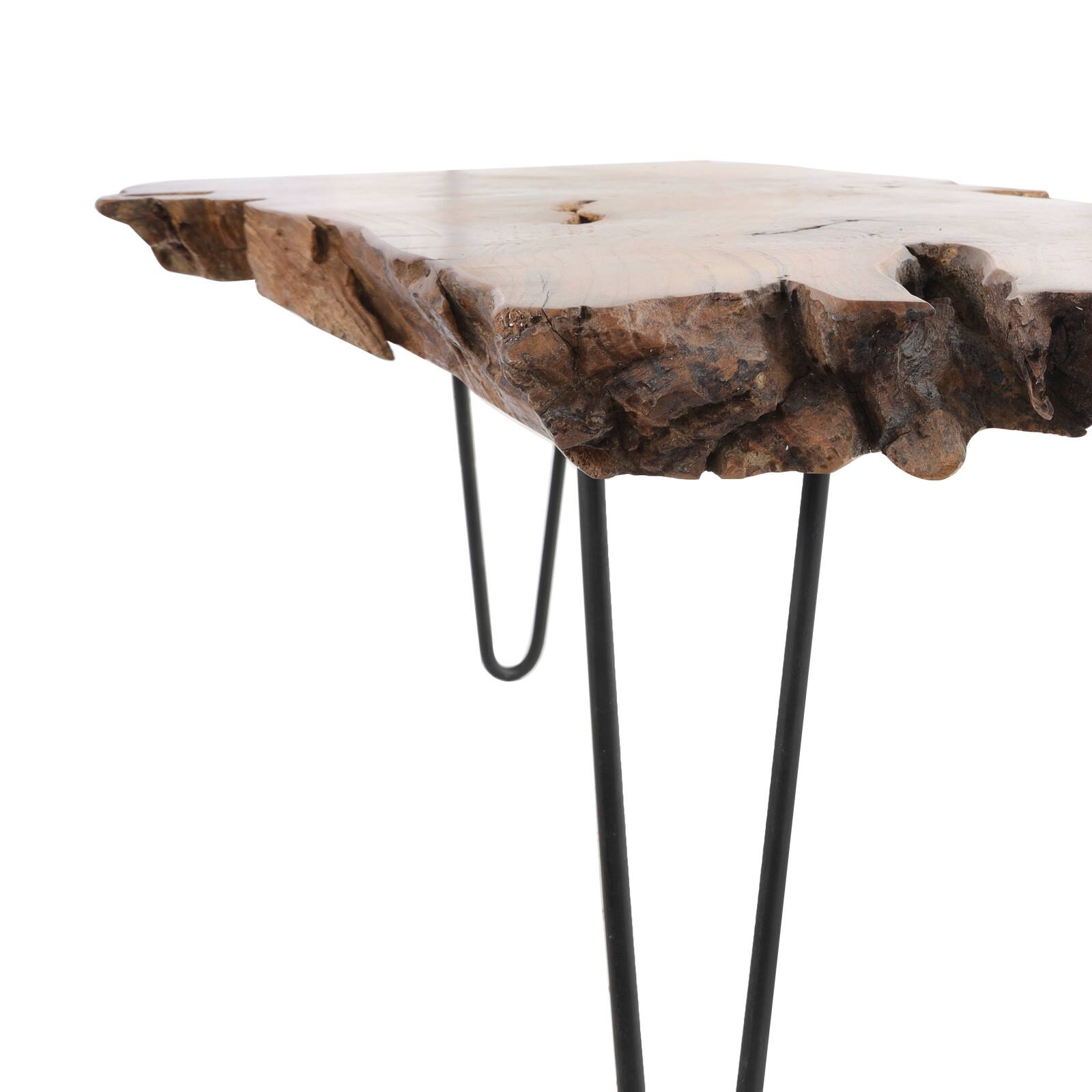 43" Brown Teak Wood Handmade Live Edge Coffee Table with Black Metal Hairpin Legs