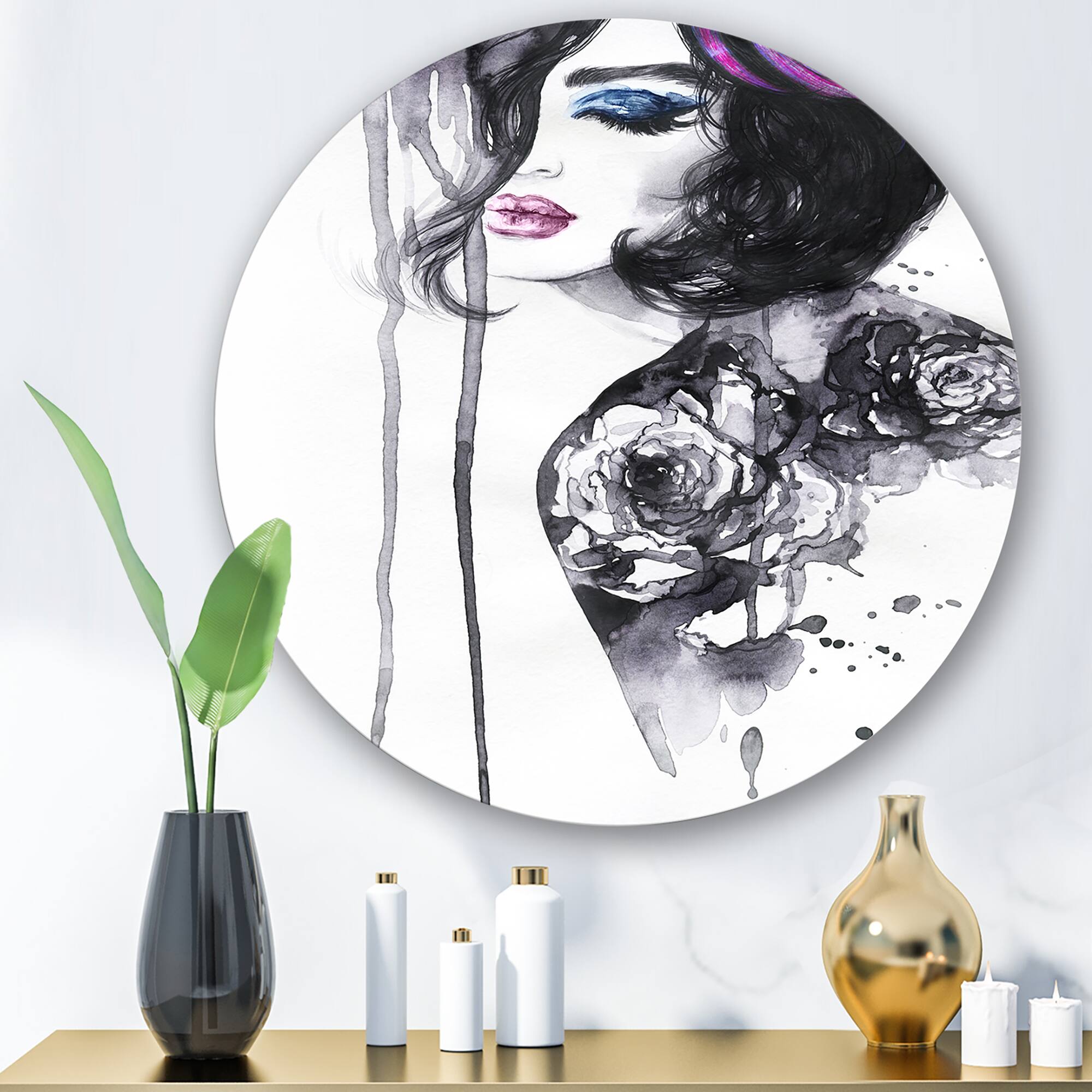 Designart - Painting Female Portrait - Modern Metal Circle Wall Art