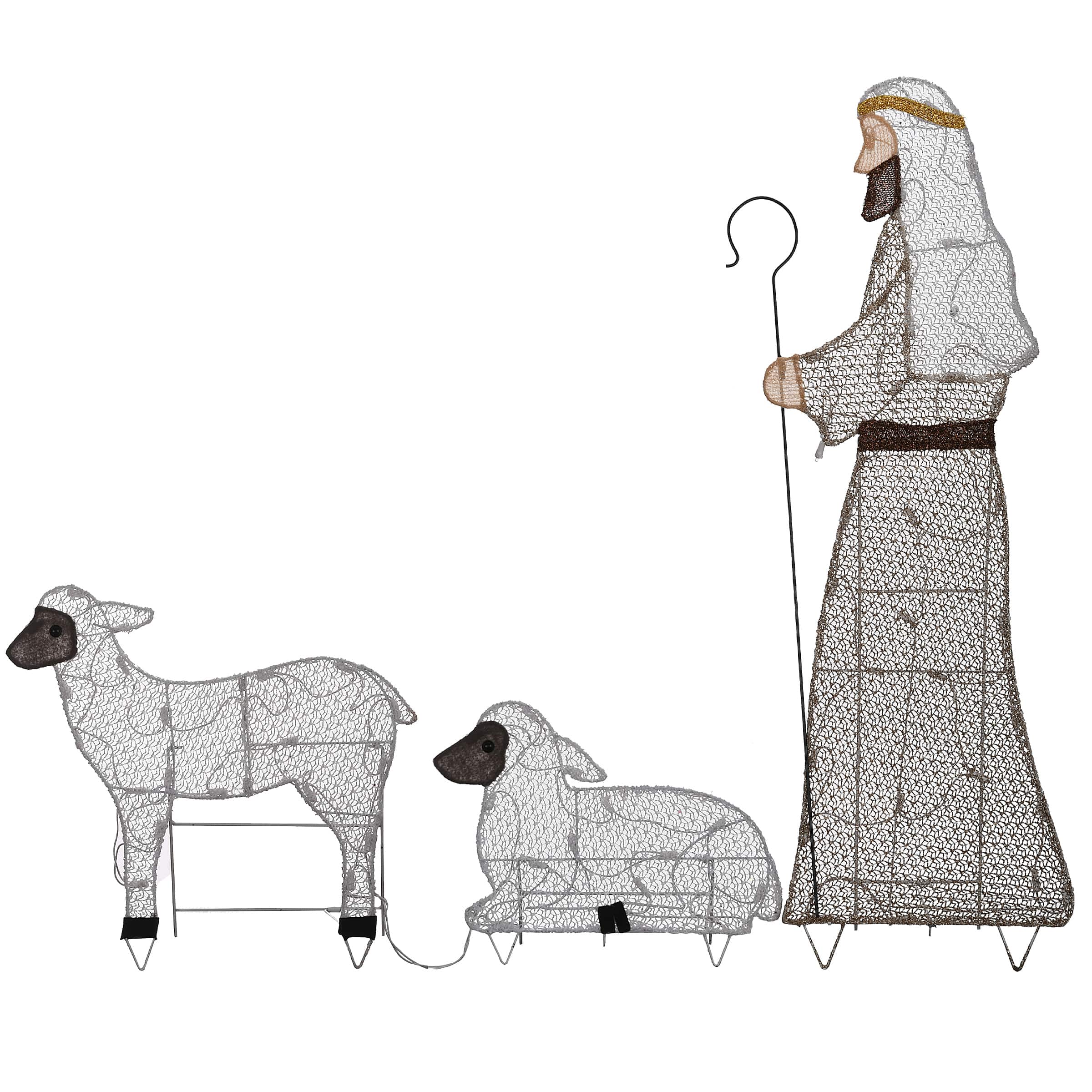 Fabric Glitter Shepherd and Sheep Set with Warm &#x26; Cool White UL LED Lights