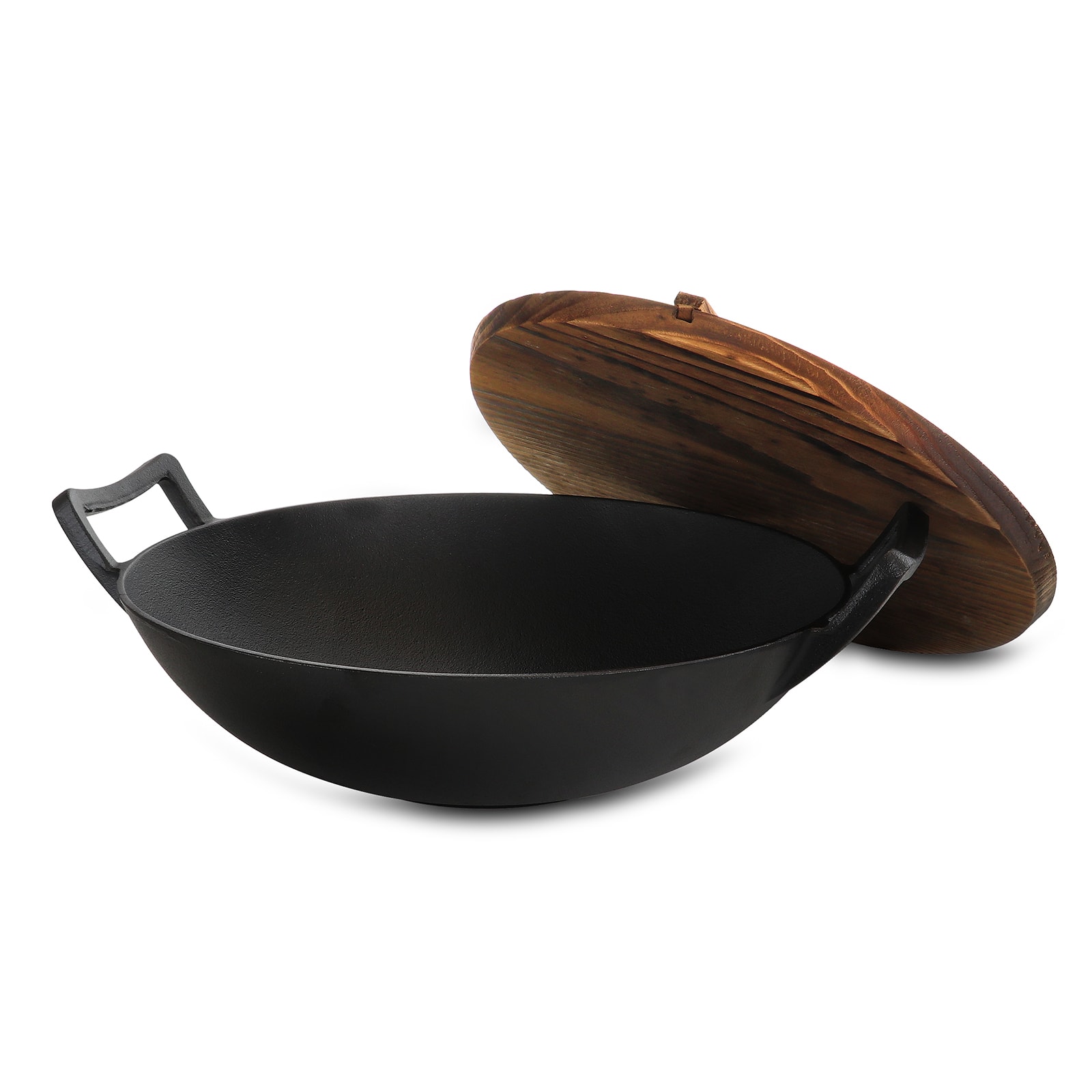 MegaChef 14&#x22; Heavy Duty Cast Iron Wok With Wood Lid Set