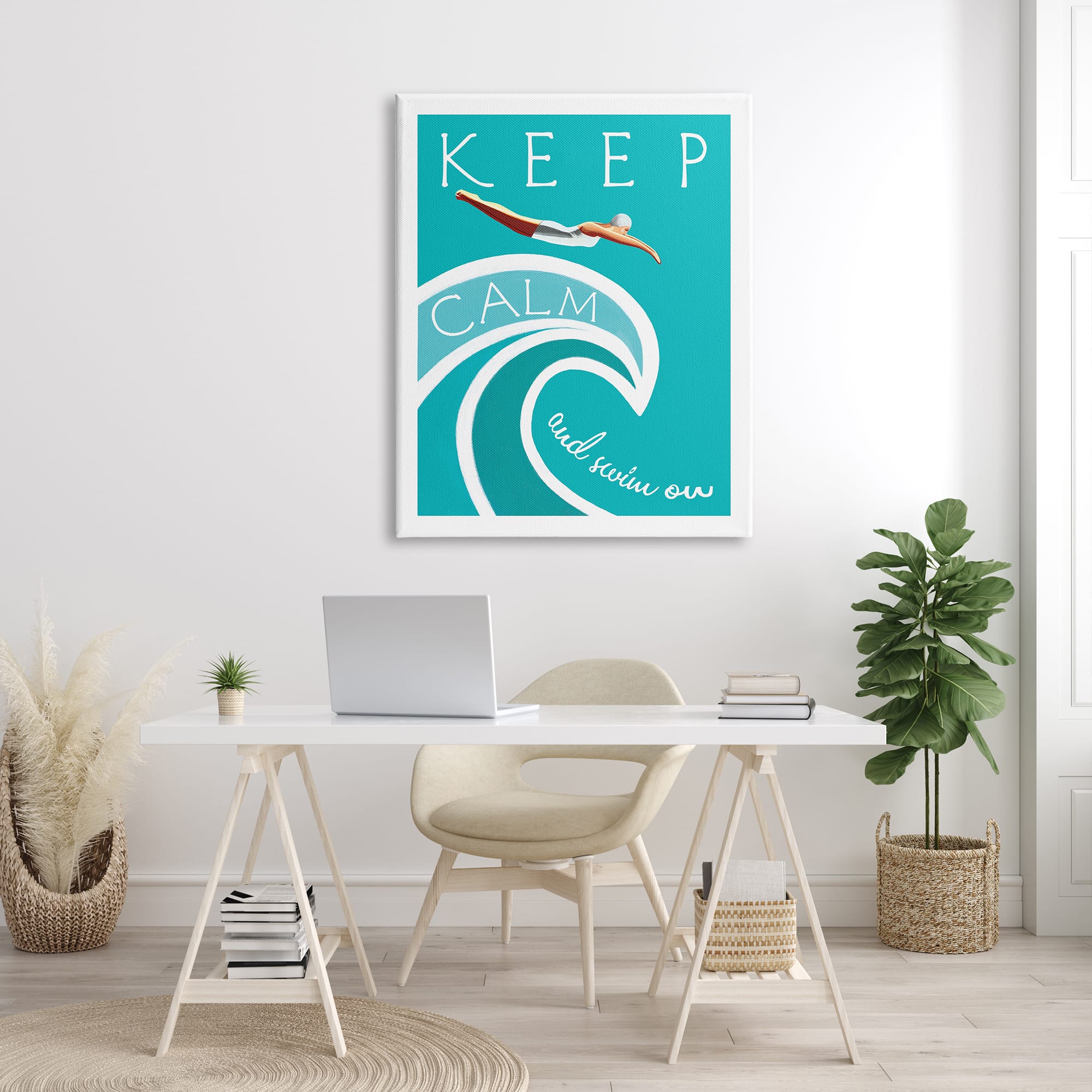 Stupell Industries Keep Calm Swim On Phrase Female Diver Blue Wave Canvas Wall Art