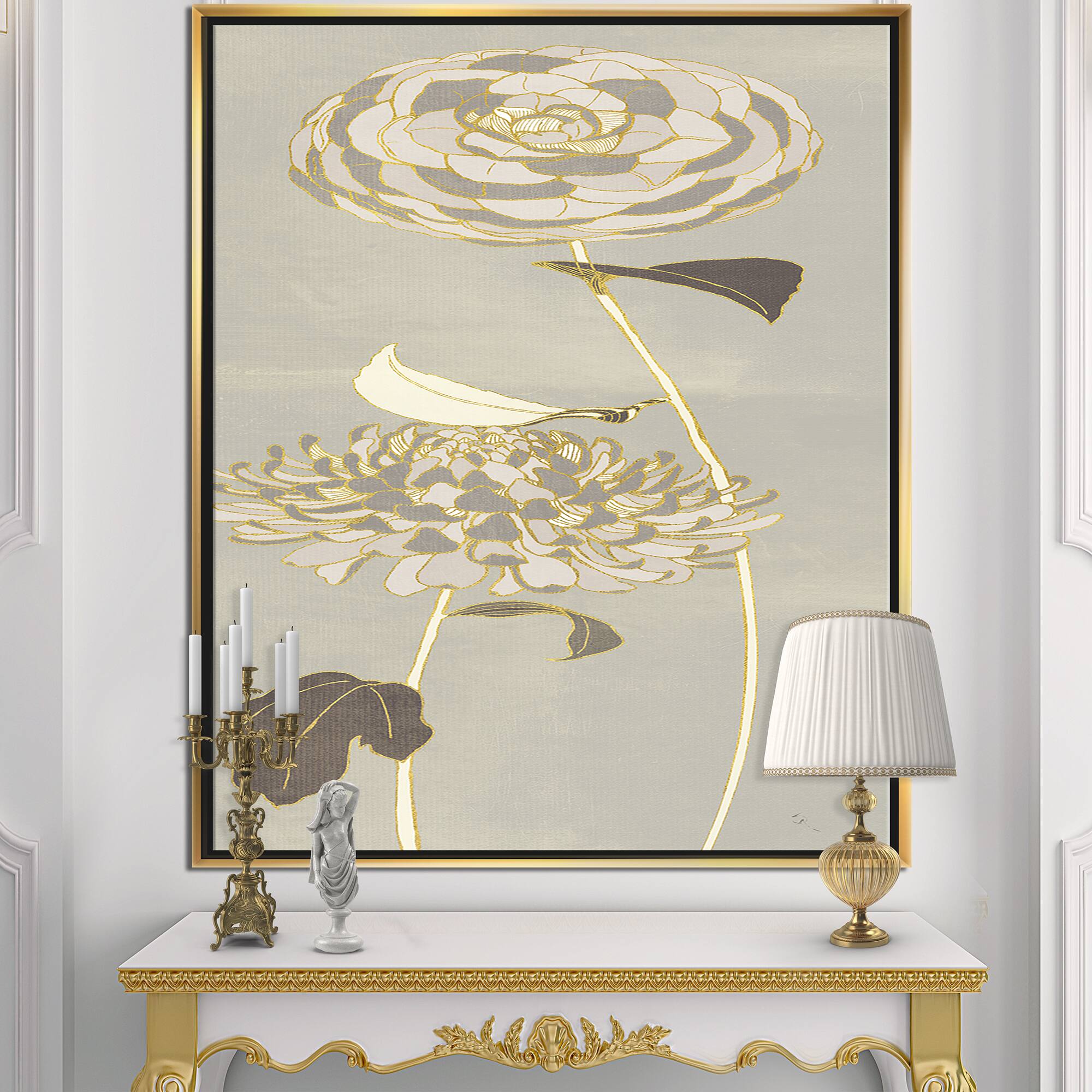 Designart - Gold Metallic Floral Garden III - Modern Glam Canvas in Gold Frame
