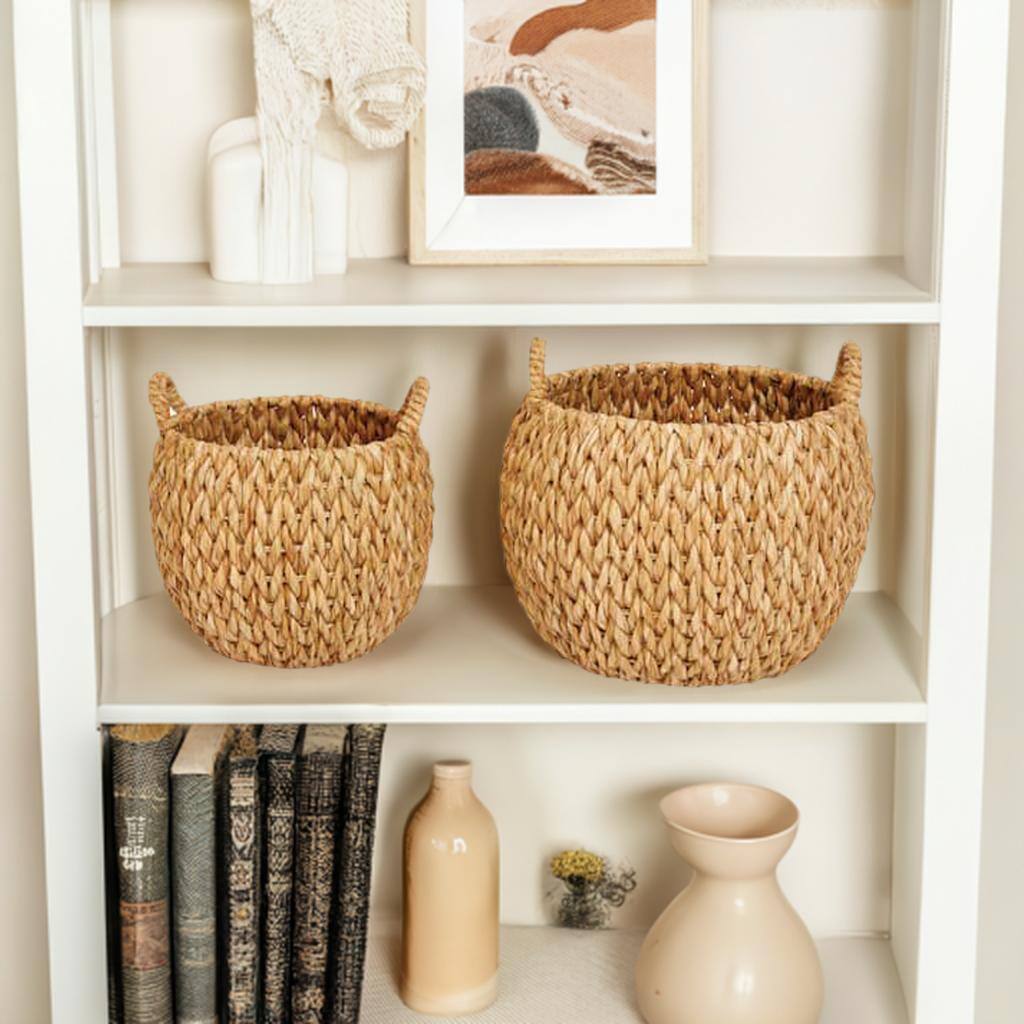 Hello Honey&#xAE; Beige Round Woven Water Hyacinth Basket with Handles Set