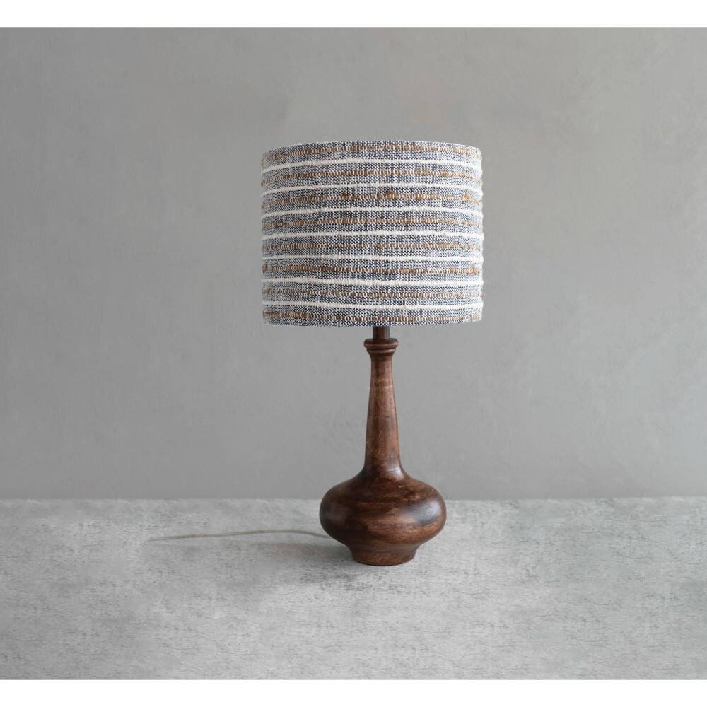 Hello Honey&#xAE; 28&#x22; Mango Wood Table Lamp with Woven Cotton and Linen Striped Shade