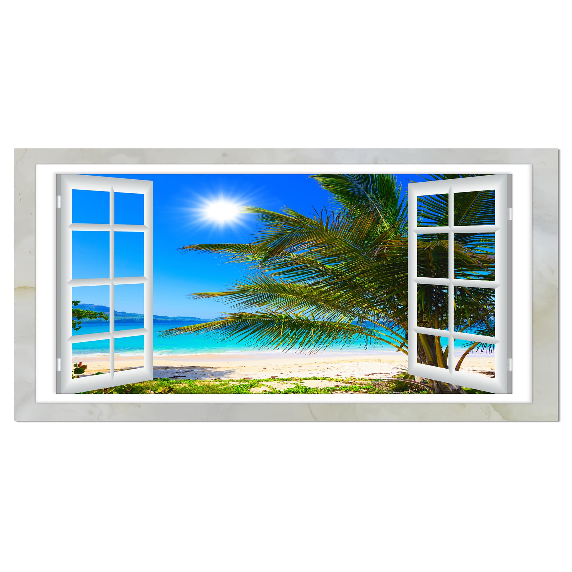Designart - Window Open to Beach with Palm - Extra Large Seashore Canvas Art