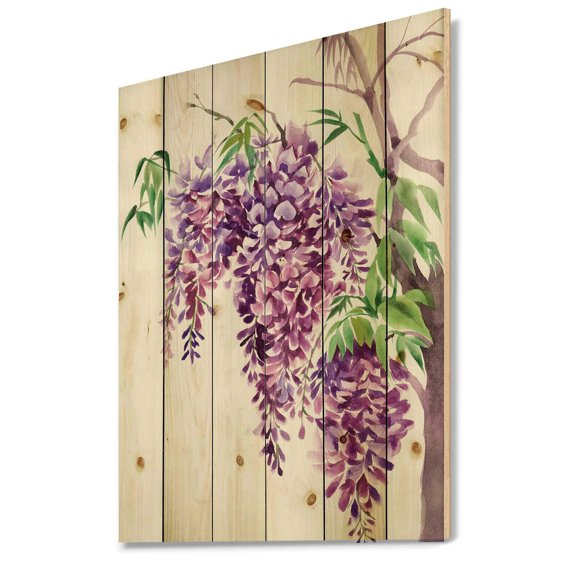Designart - Purple Wisteria Branches - Traditional Print on Natural Pine Wood