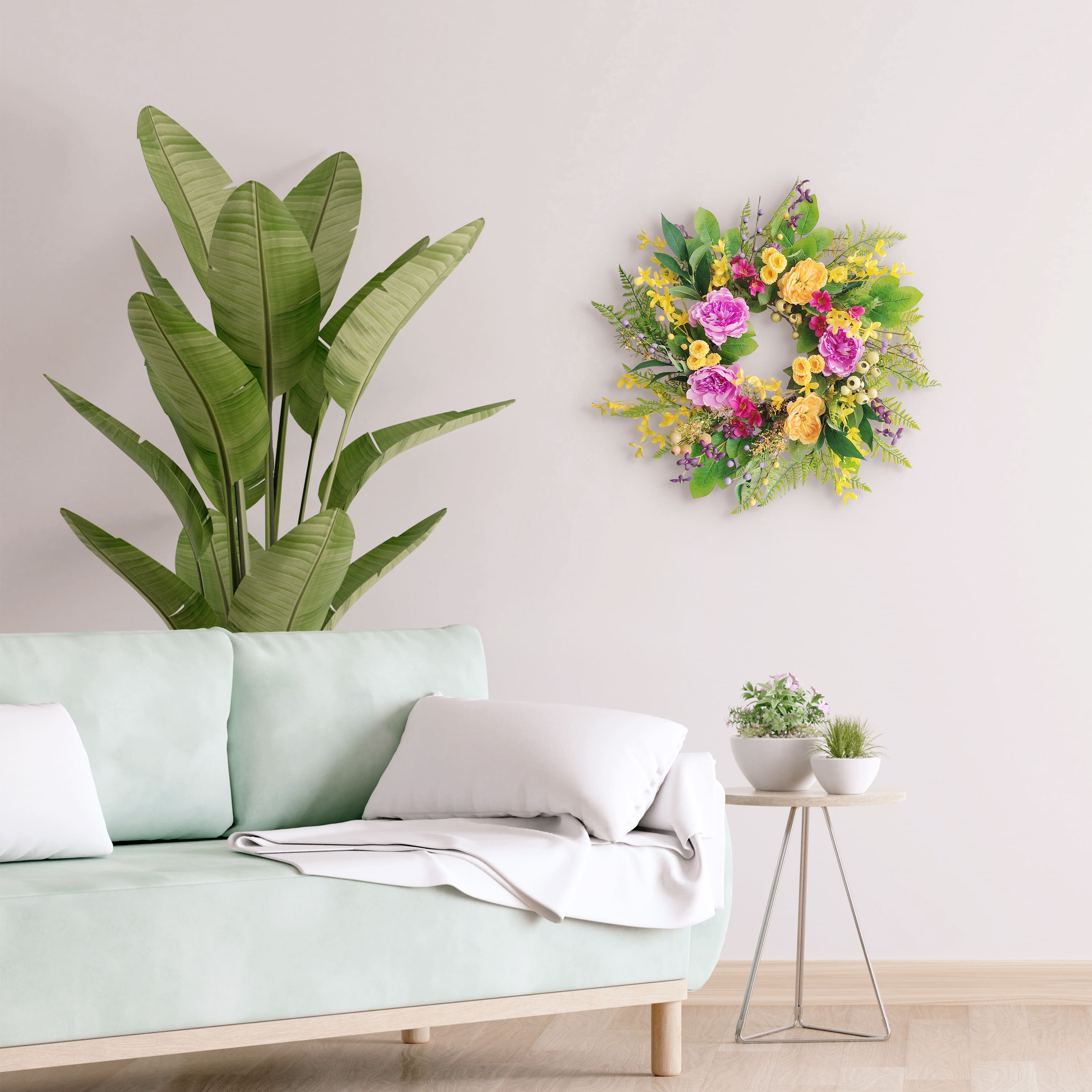 24" Pink, Orange & Yellow Spring Peony & Winter Jasmine Floral Wreath