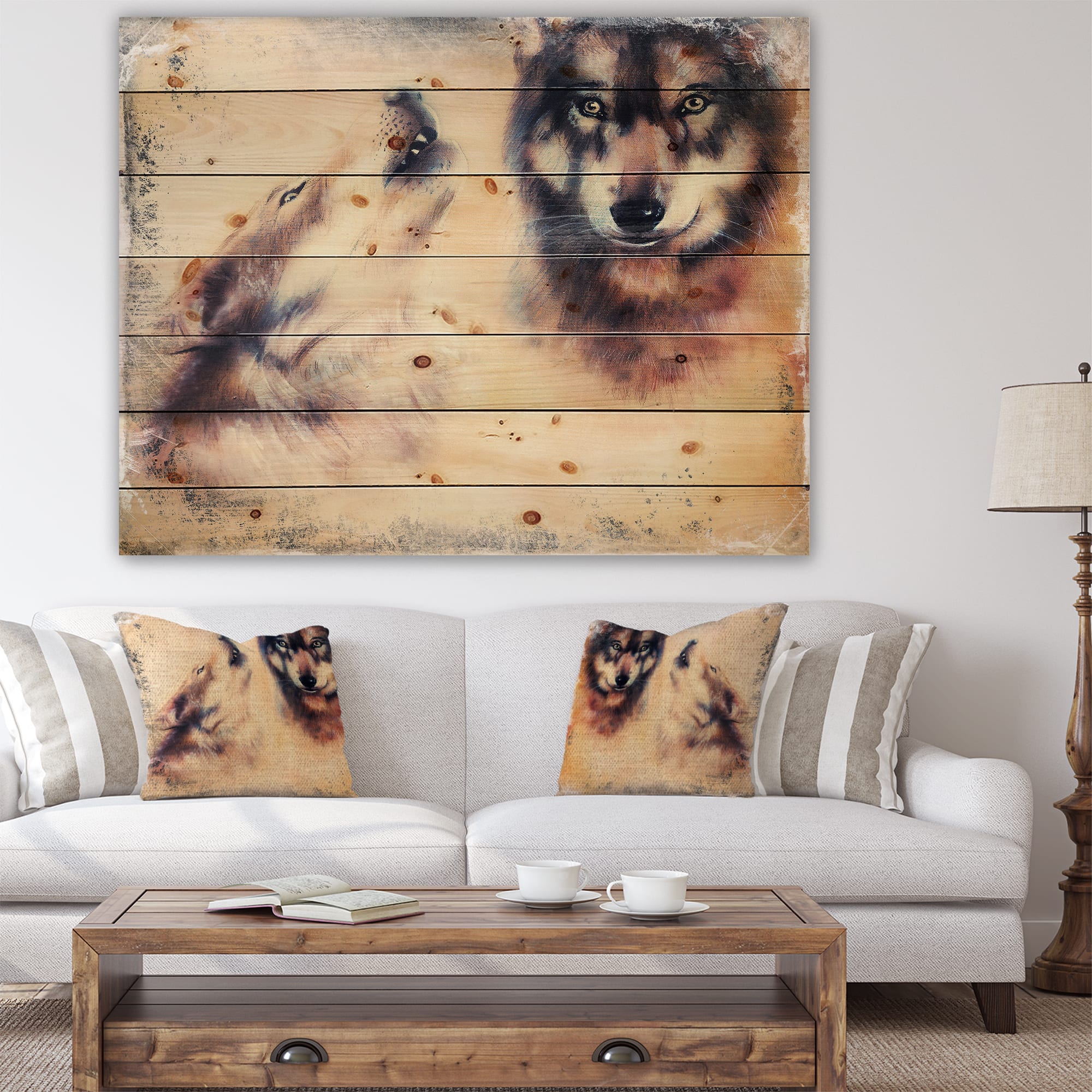 Designart - Howling Wolf - Animal Print on Natural Pine Wood