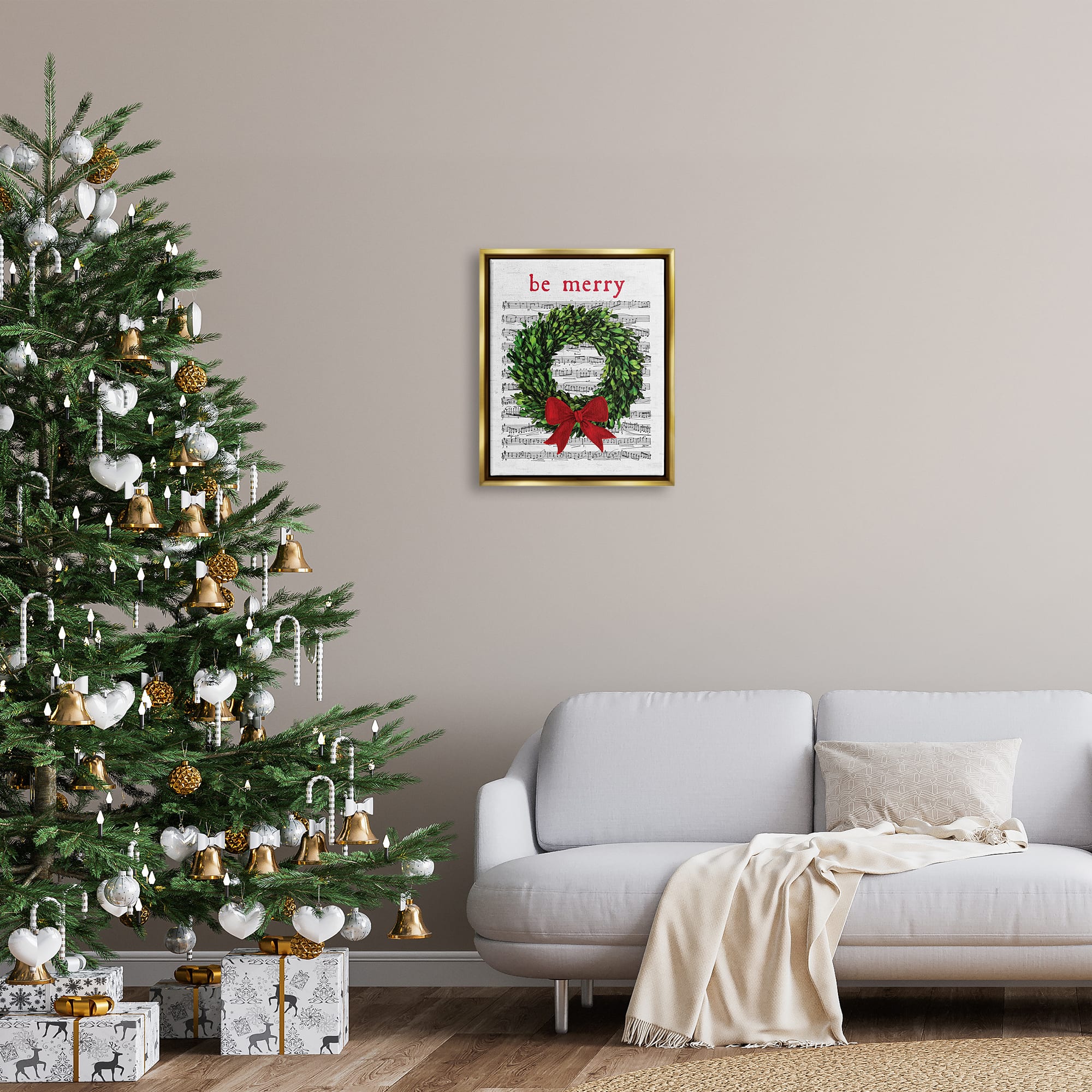 Stupell Industries Be Merry Holiday Music Wreath Framed Floater Canvas Wall Art