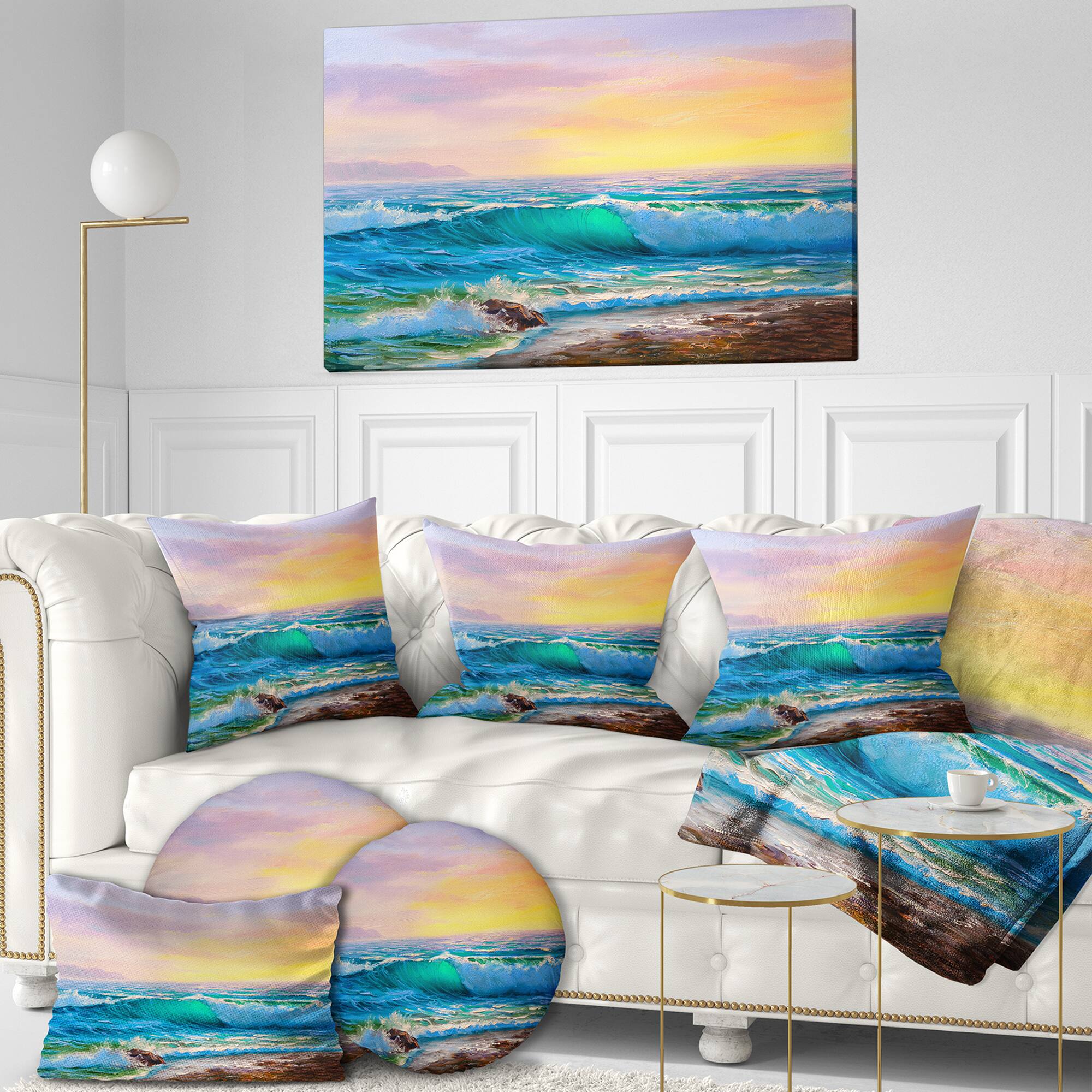 Designart - Sunsets over ocean waves - Sea & Shore Painting Print on ...