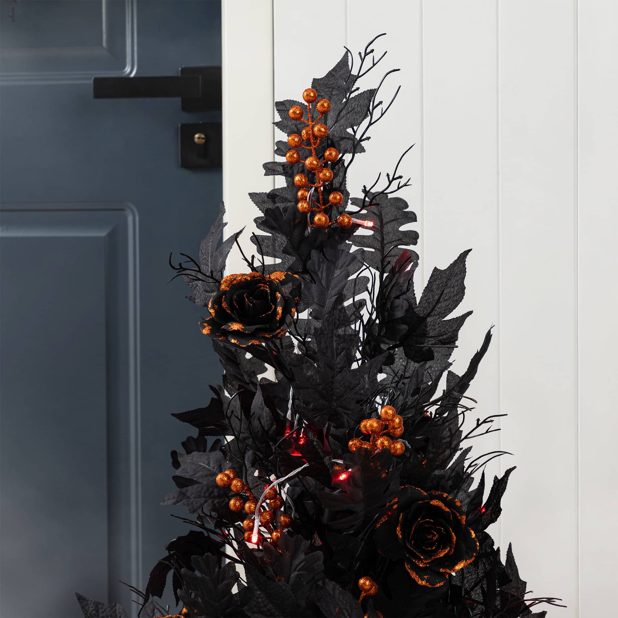Glitzhome® 36"H Halloween Lighted Black Rose with Orange Glitter Urn Porch Tree with Timer