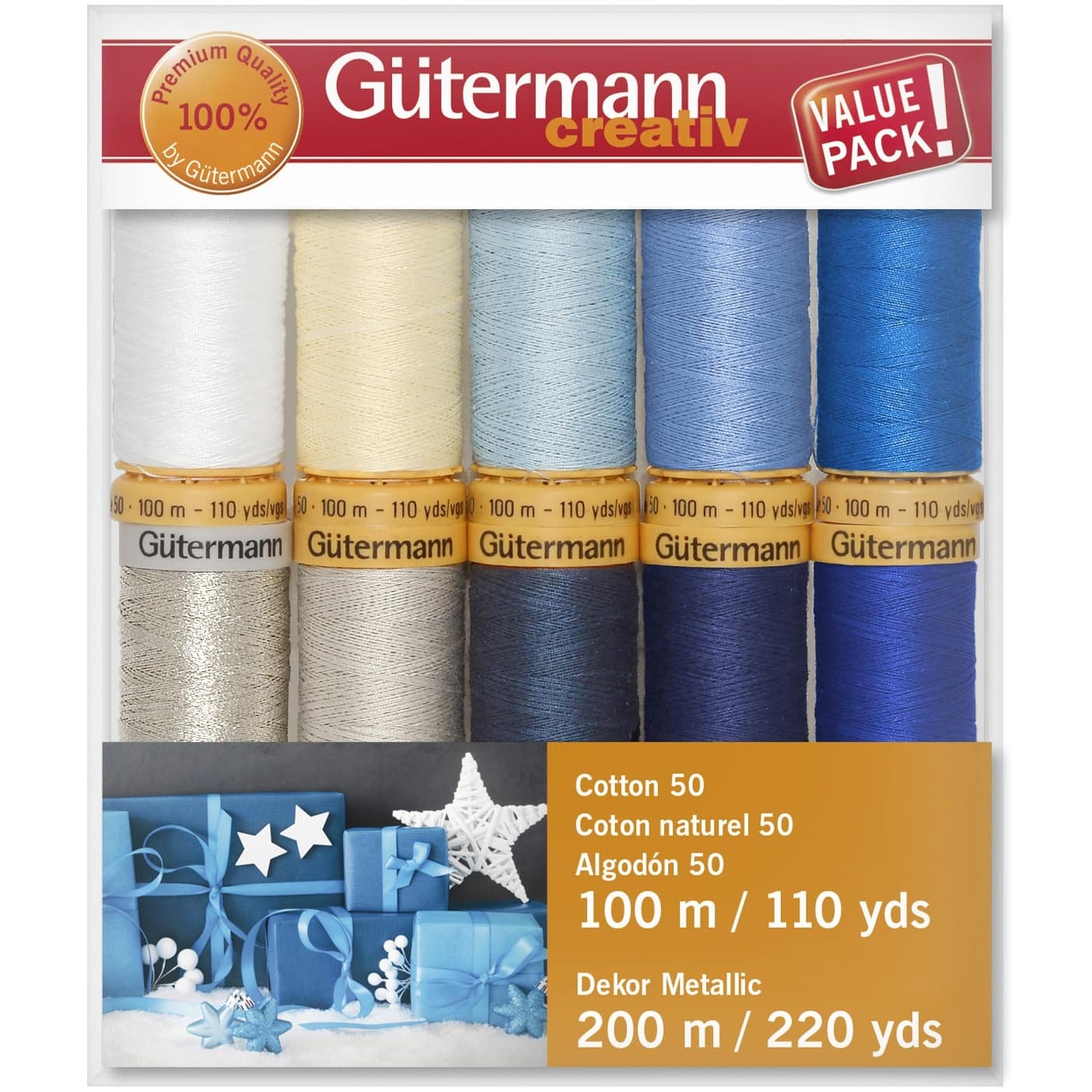 Gütermann Silver Metallic Collection Cotton 50 Holiday Thread Set, 10ct.