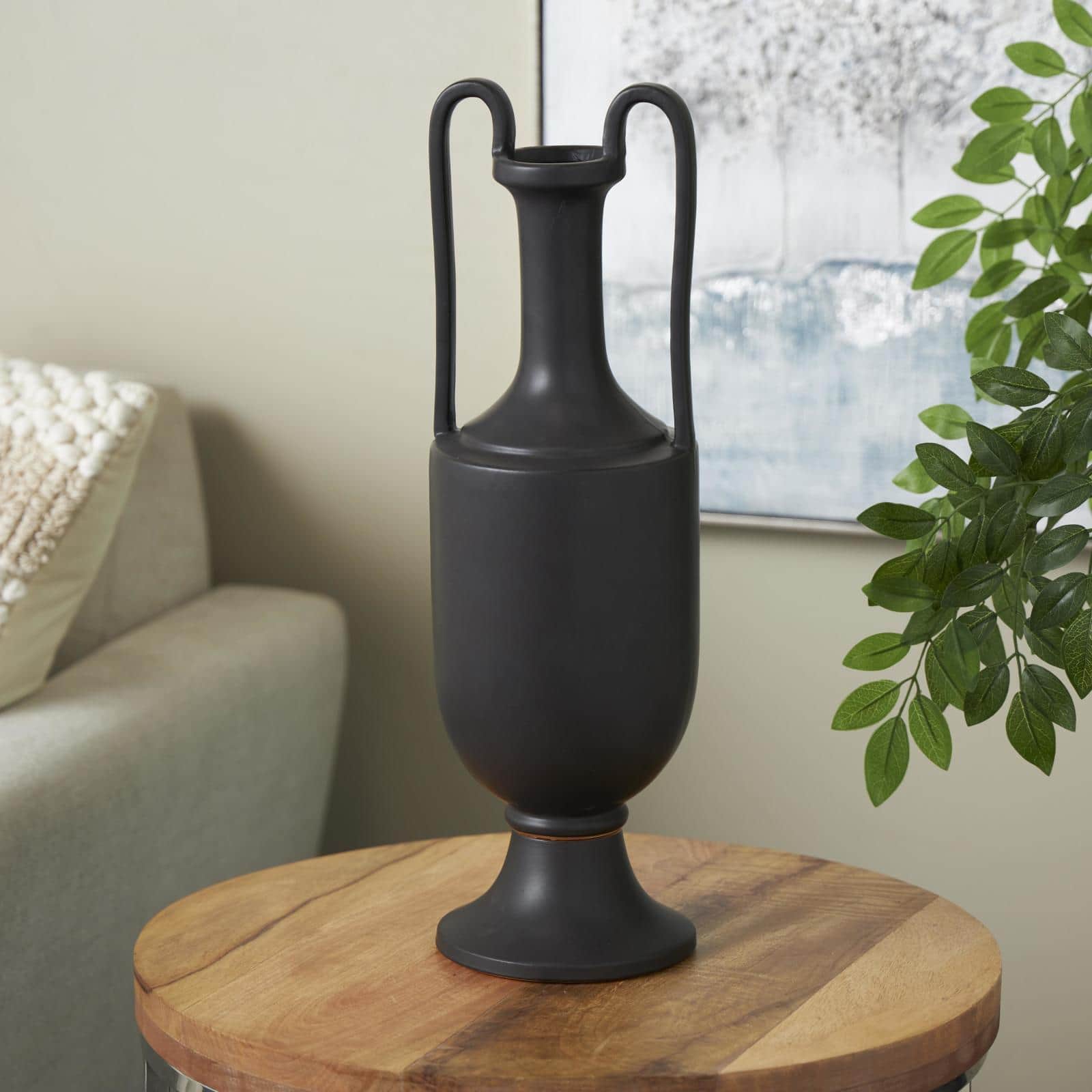 20.25" Black Ceramic Fluted Urn Shaped Vase with Arch Handles