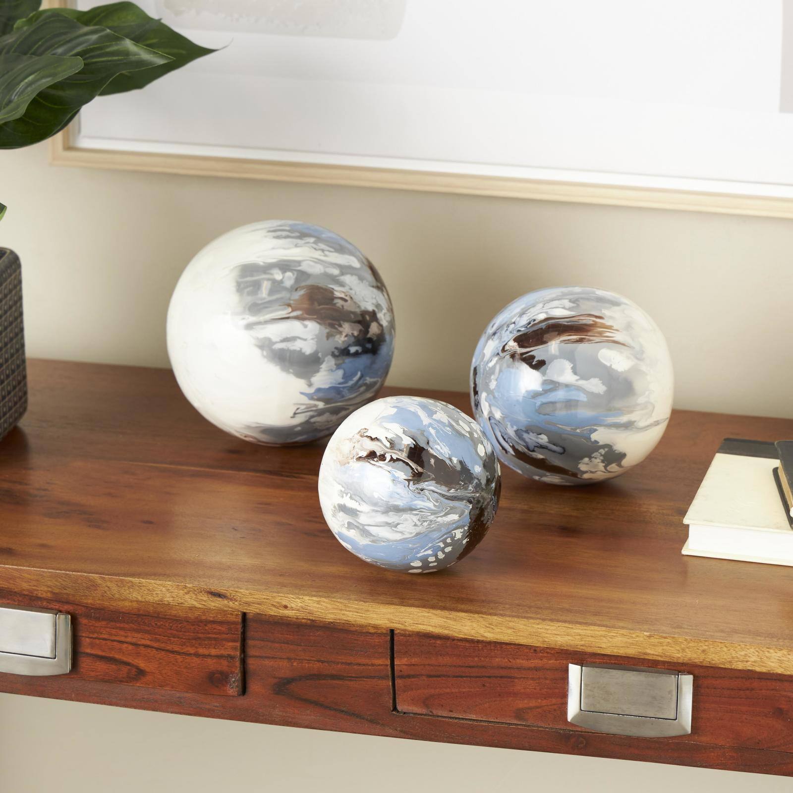 Blue, Brown &#x26; Cream Metal Abstract Swirl Orbs &#x26; Vase Filler Set