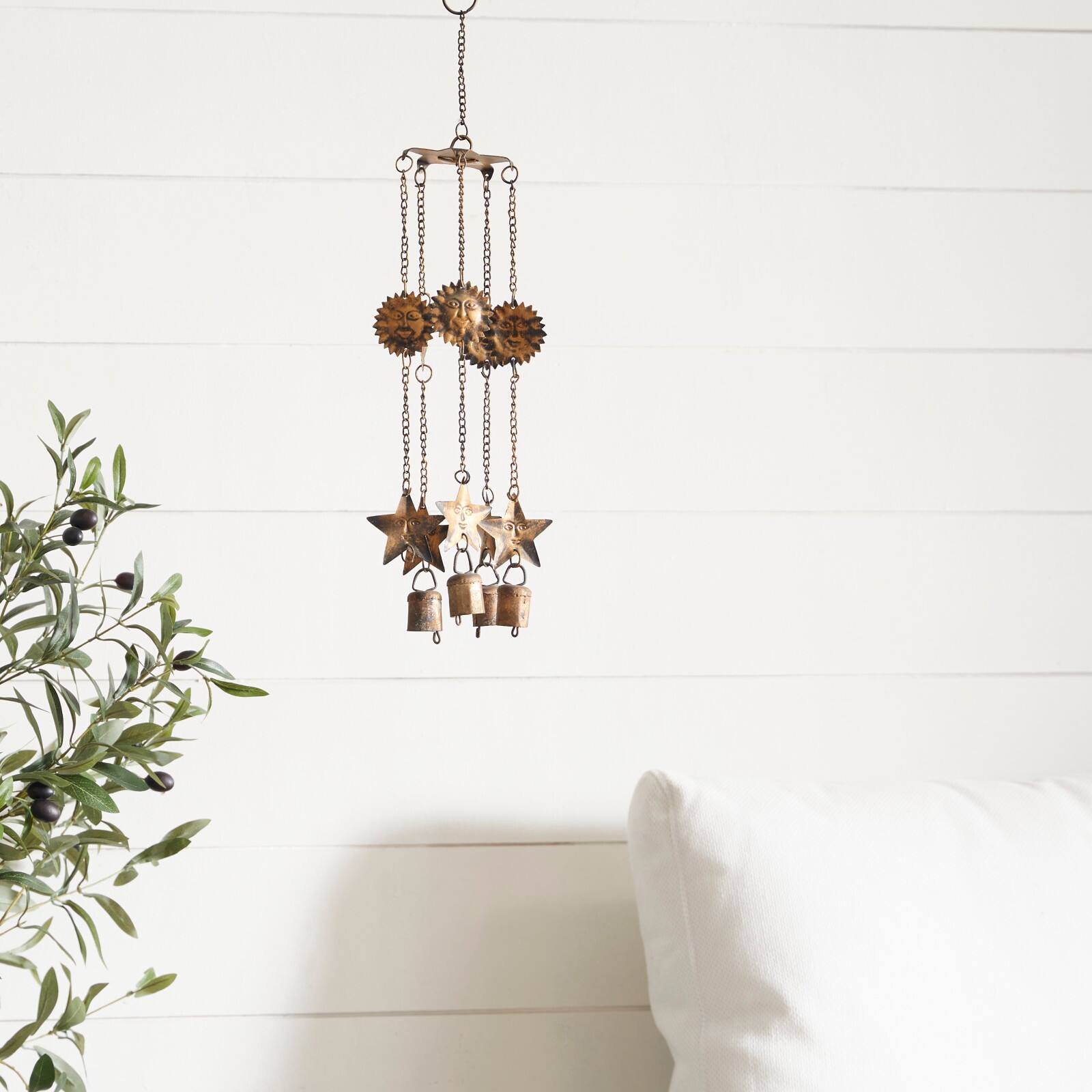 18" Brass Metal Eclectic Sun & Stars Wind Chime
