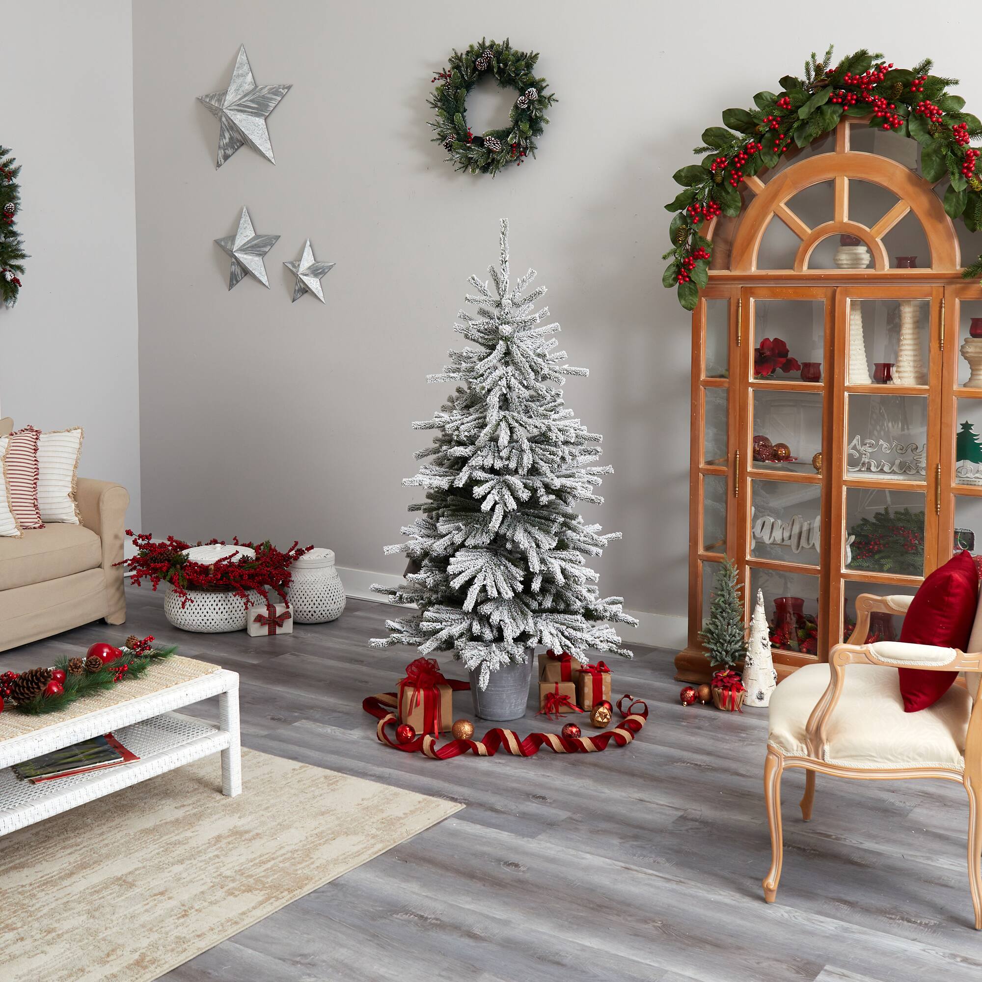 6ft. Pre-Lit Flocked Long Vermont Pine Artificial Christmas Tree in Decorative Planter, White LED Lights