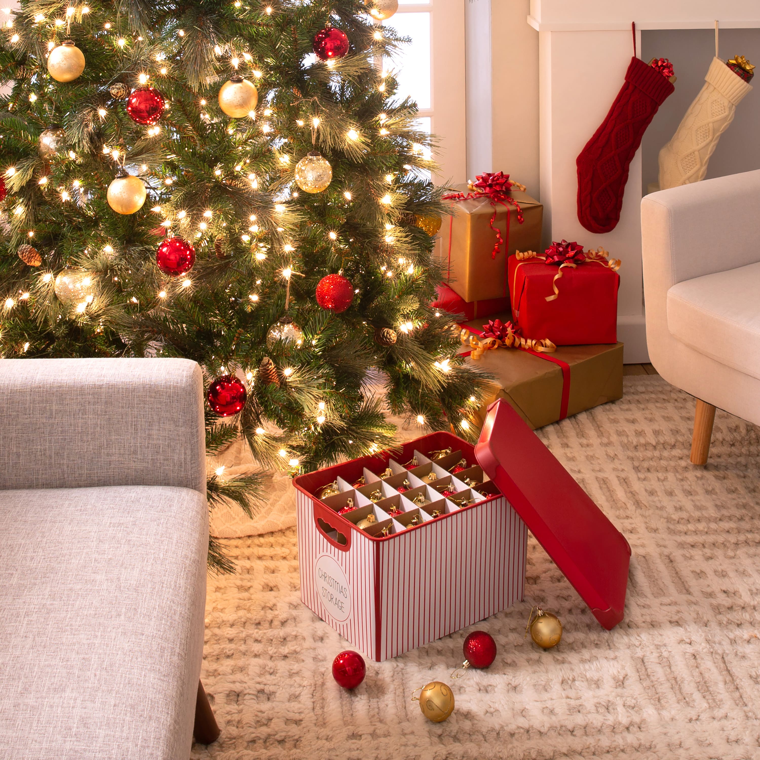 Simplify 15.4" Christmas 60 Ornament Storage Tote Bin with Straps