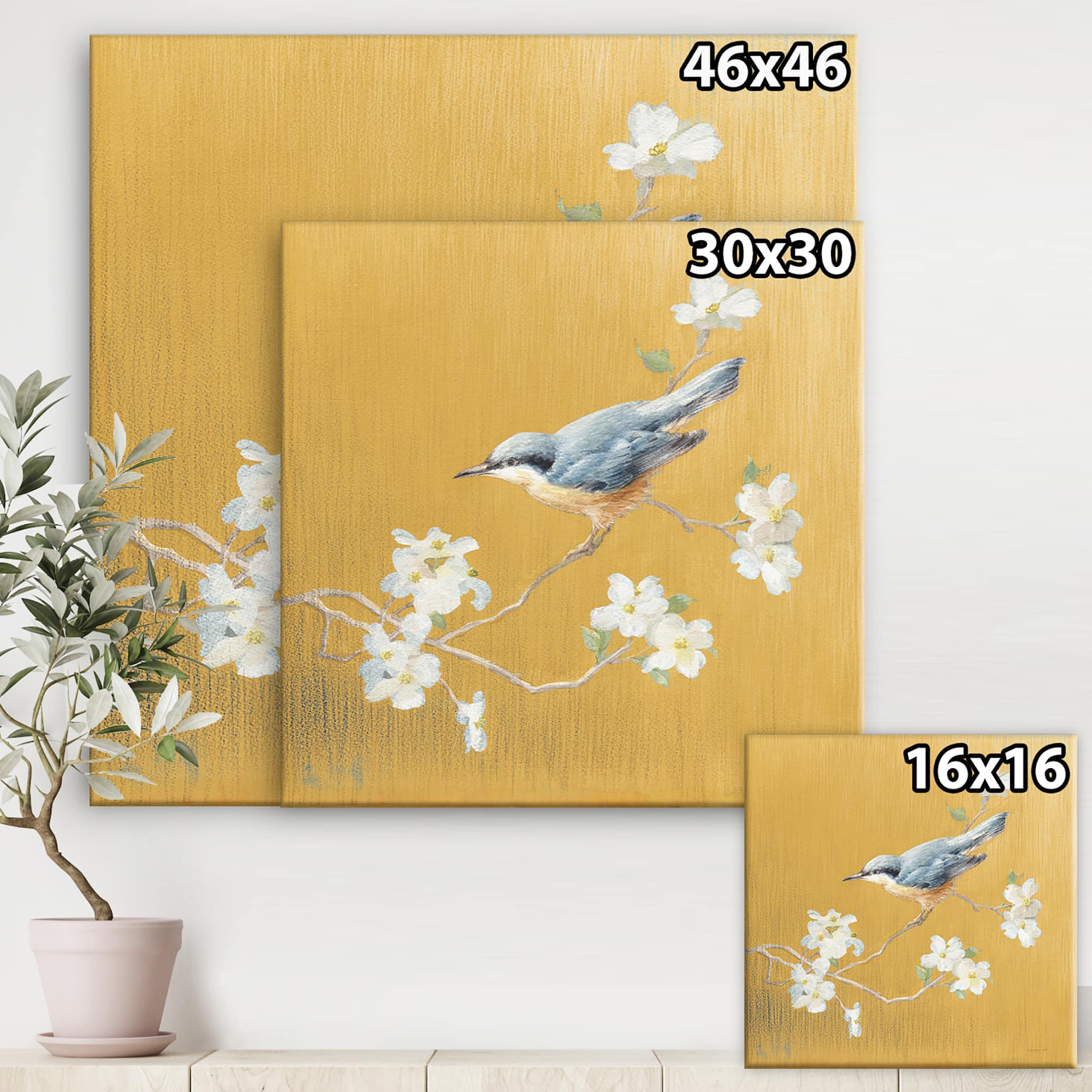 Designart - Gold Bird on Blossoms II
