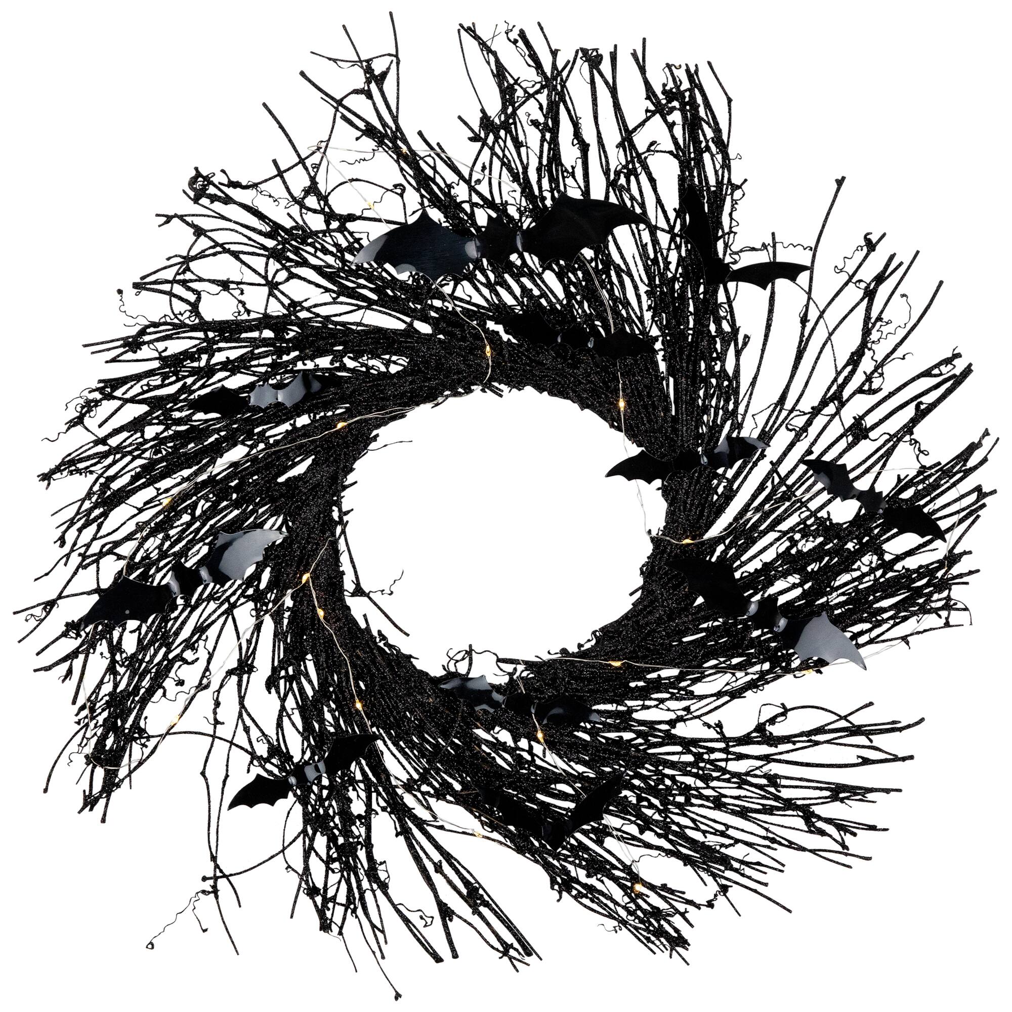 22&#x22; Black Pre-Lit Halloween Twig Wreath with Bats