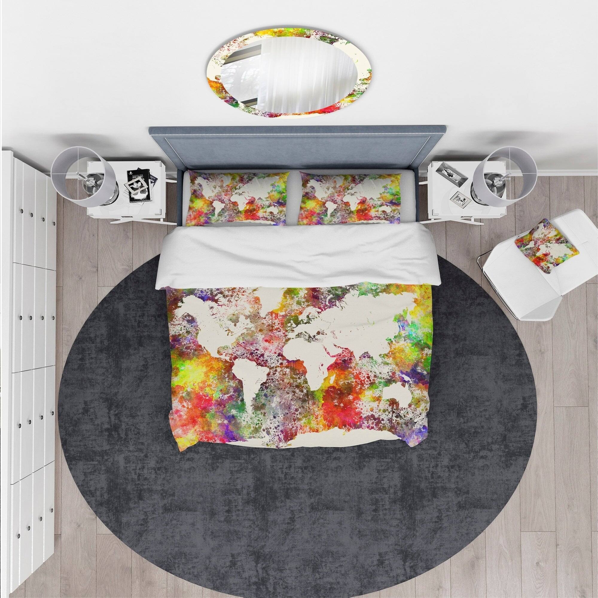 Designart &#x27;World Map in Great Colors&#x27; Watercolor Map Bedding Set - Duvet Cover &#x26; Shams