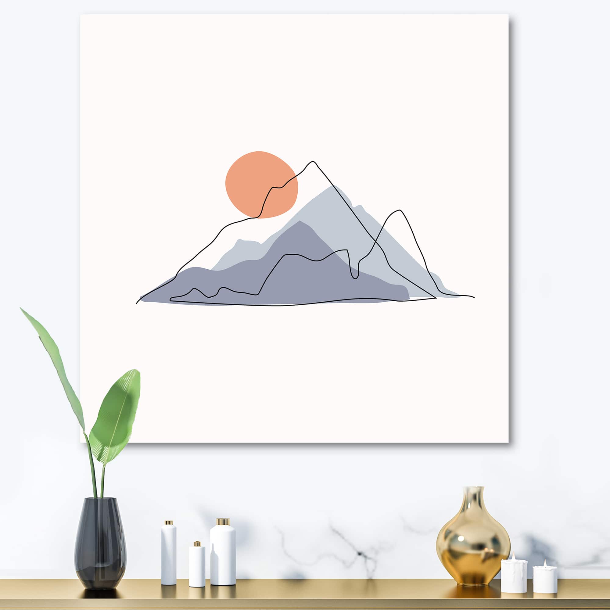 Designart - Abstract Mountainscape With Red Moon - Modern Canvas Wall Art Print
