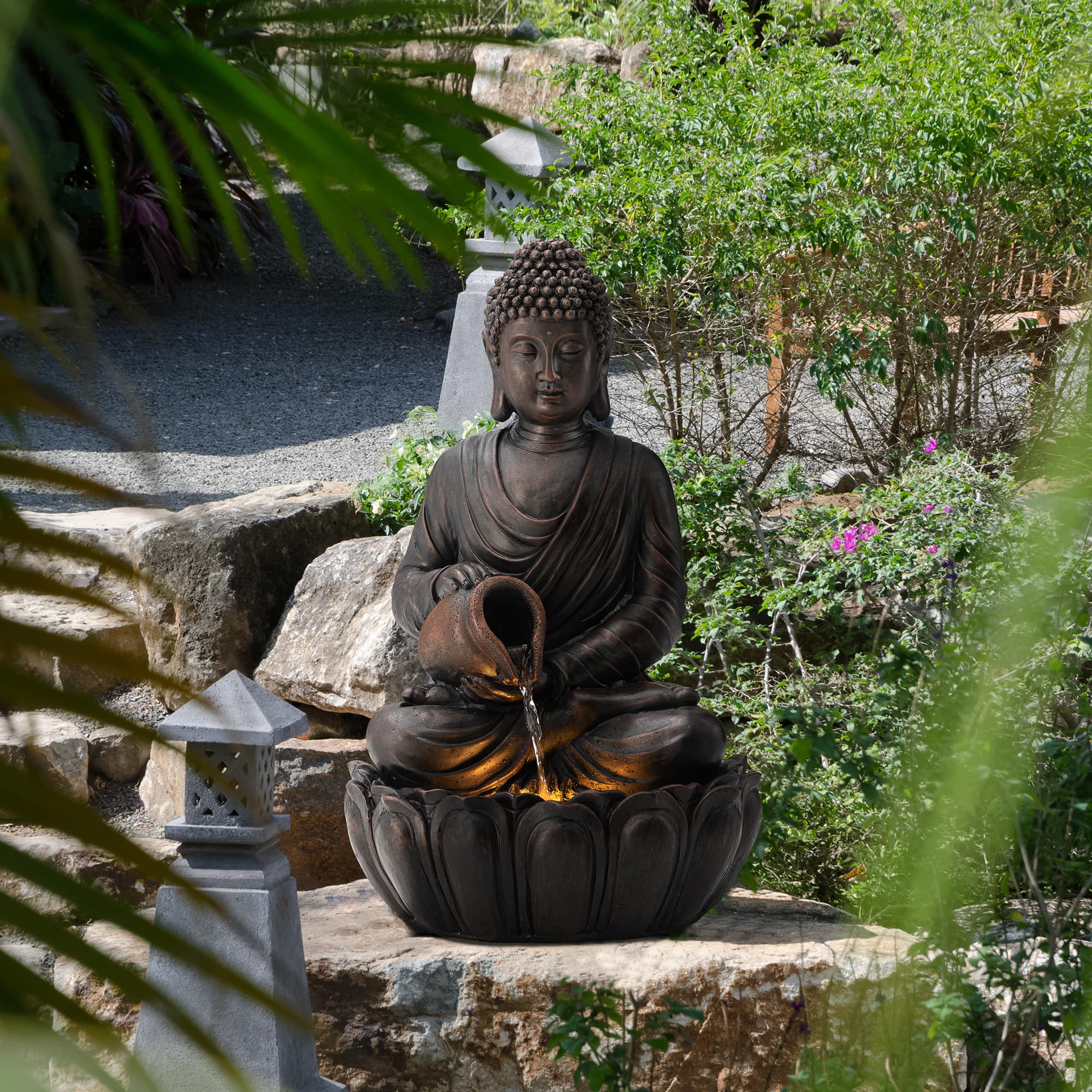 Glitzhome® 20.5" Zen-Style LED 2-Tier Buddha Statue Outdoor Fountain
