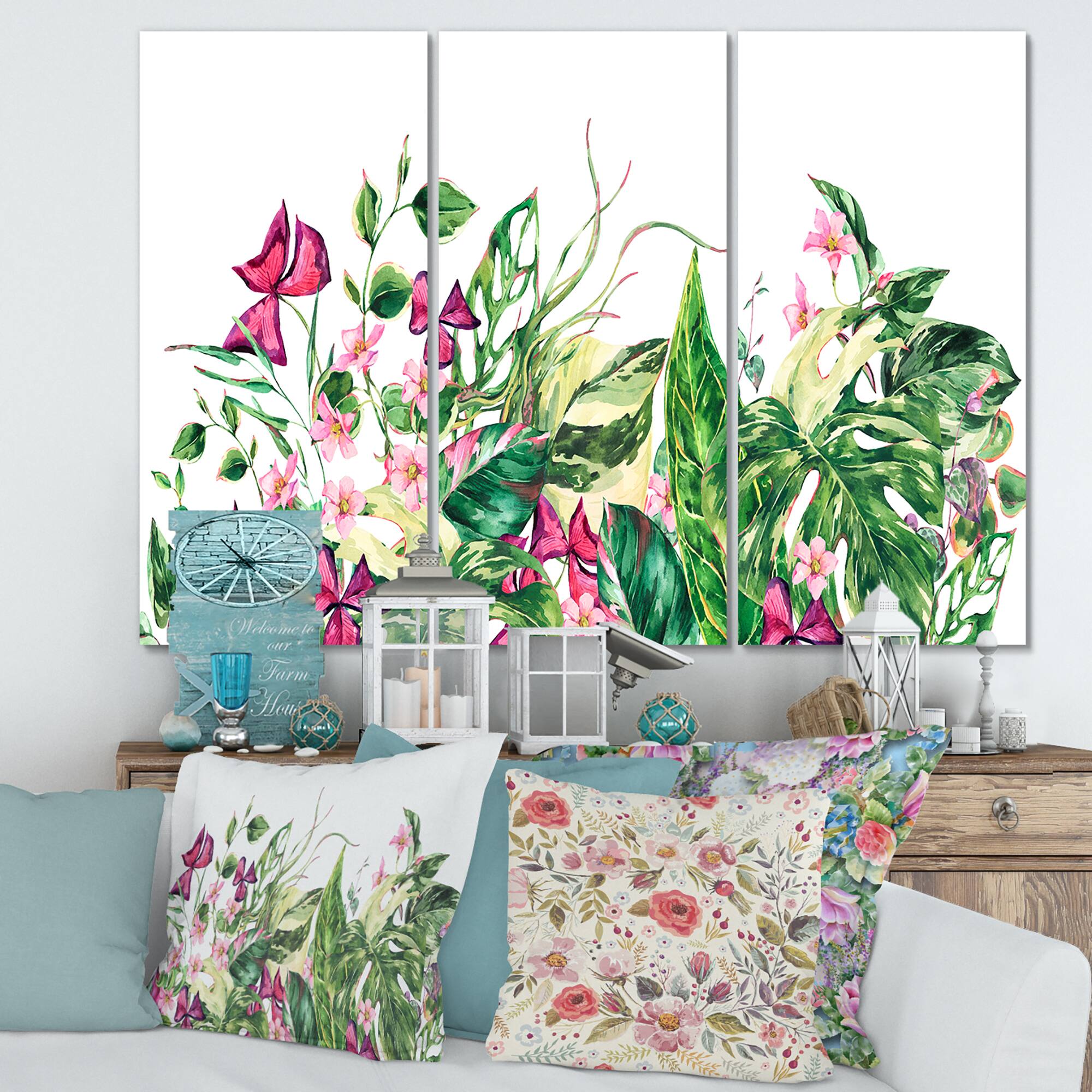 Designart - Vintage Floral Tropical Leaves I - Tropical Canvas Wall Art Print
