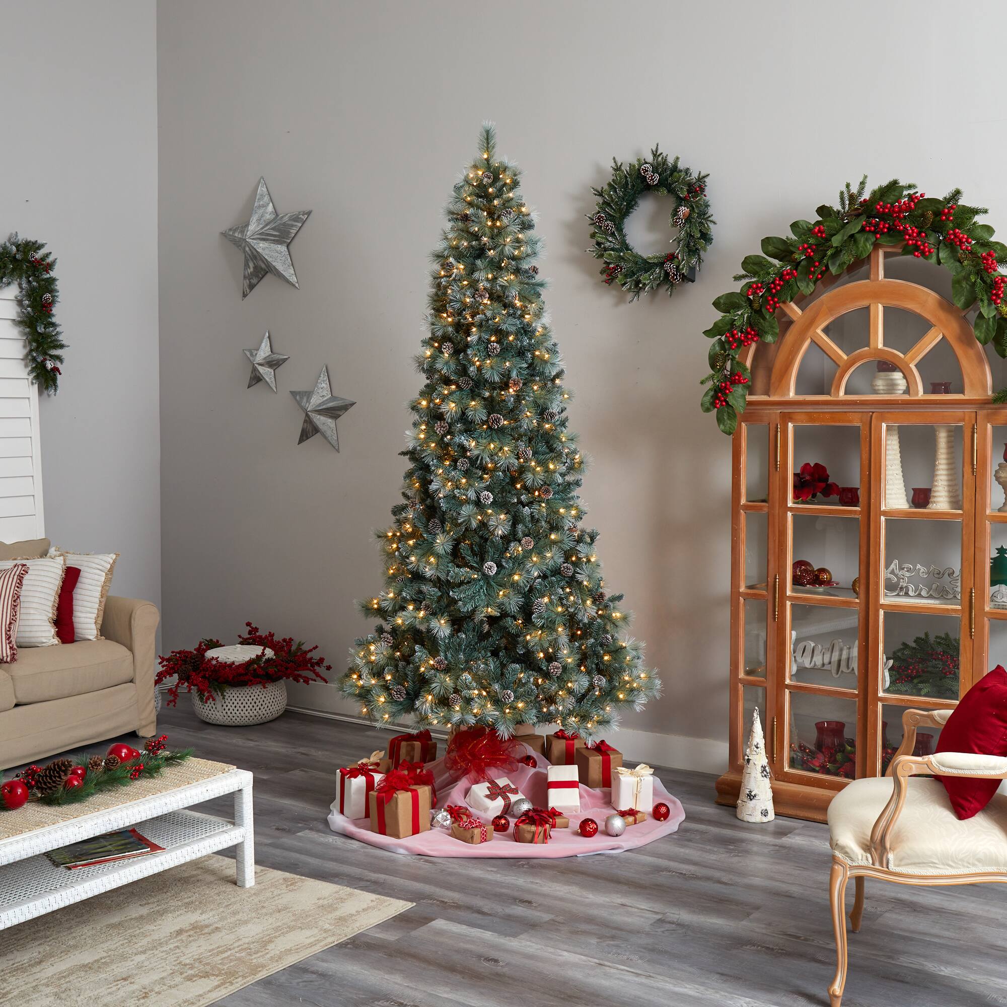 9ft. Pre-Lit Frosted British Columbia Mountain Pine Artificial Christmas Tree, Clear Lights