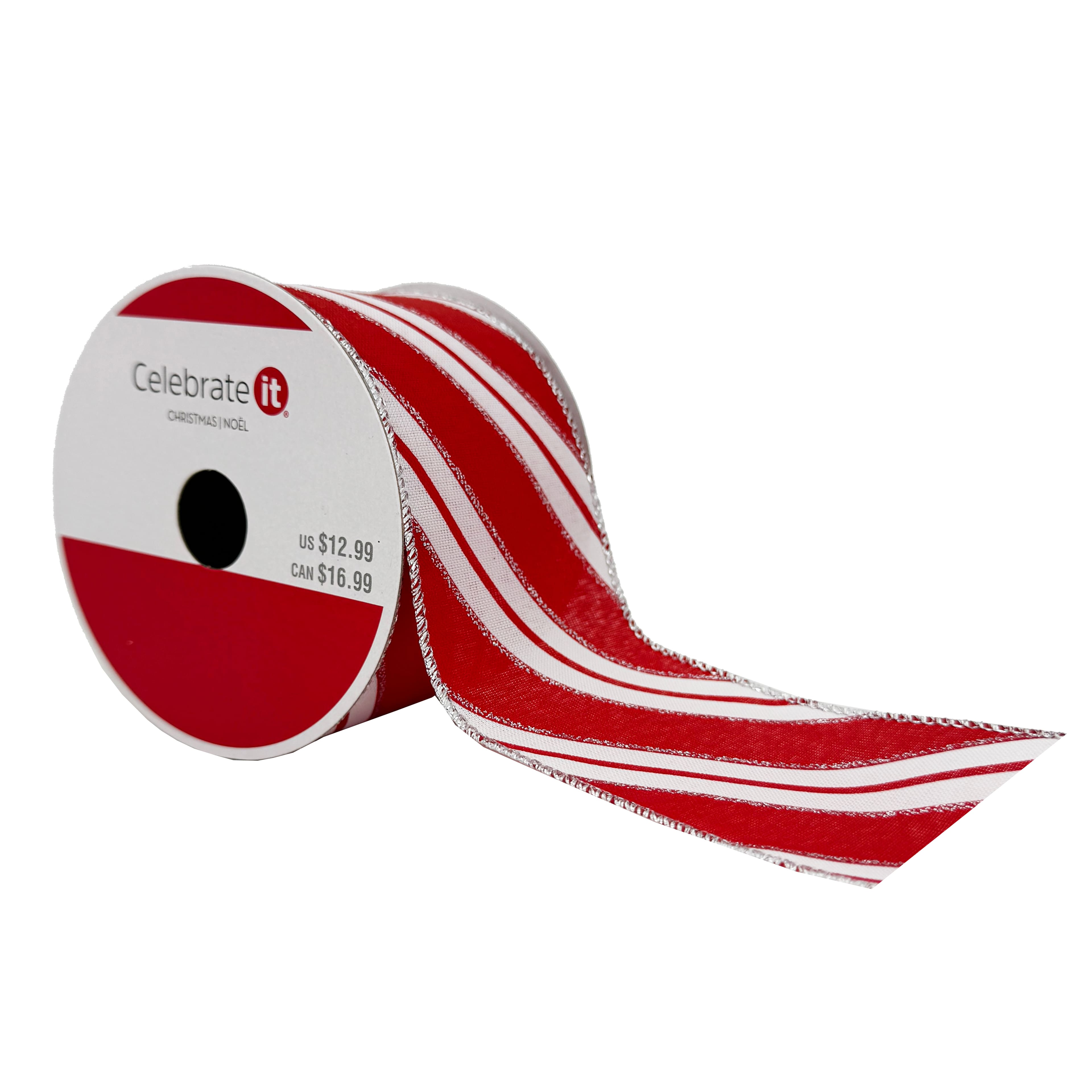 2.5&#x22; x 20ft. Red &#x26; White Striped Wired Taffeta Ribbon by Celebrate It&#xAE; Christmas