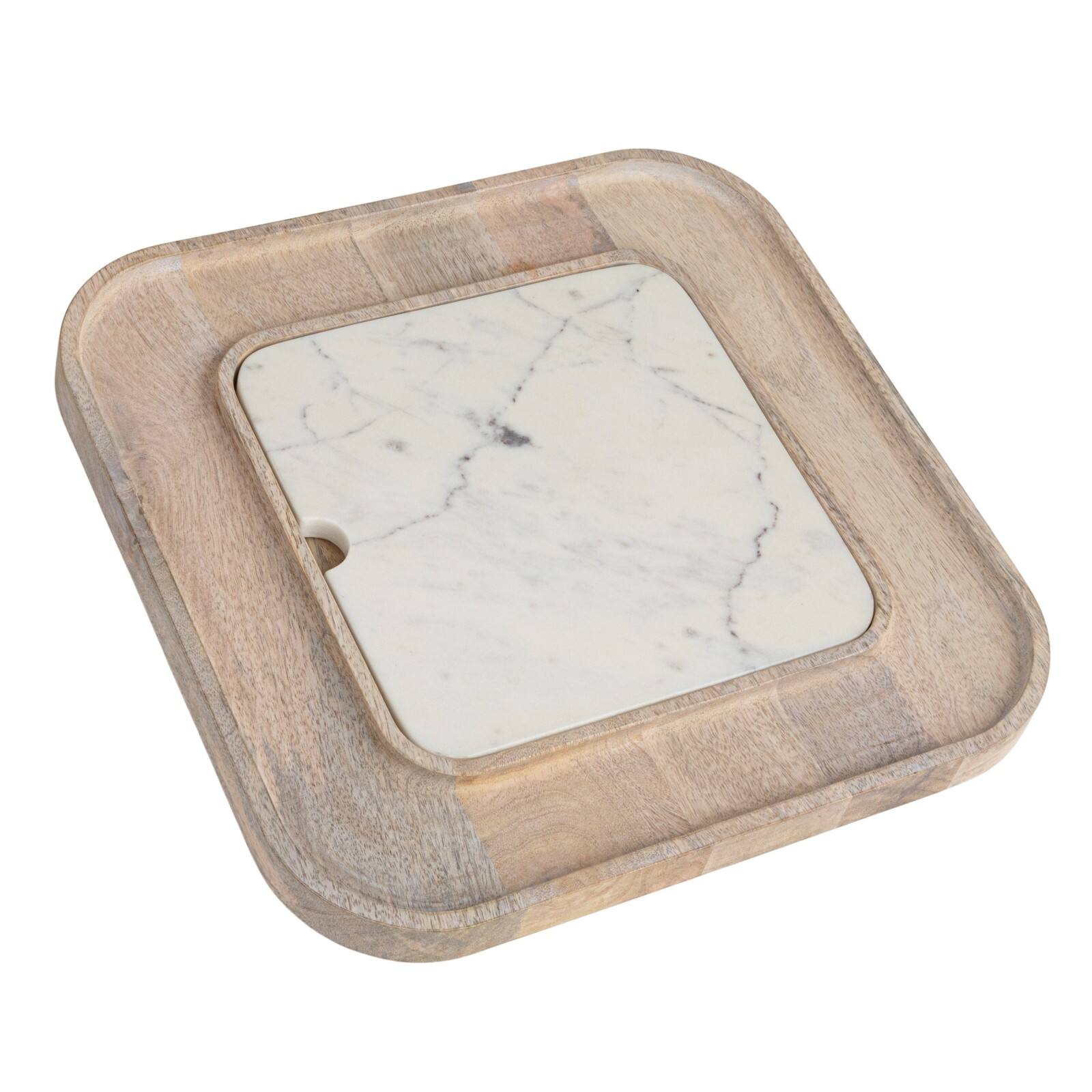 Hello Honey® 13.5" White Marble & Wood Cutting Board on a Dish
