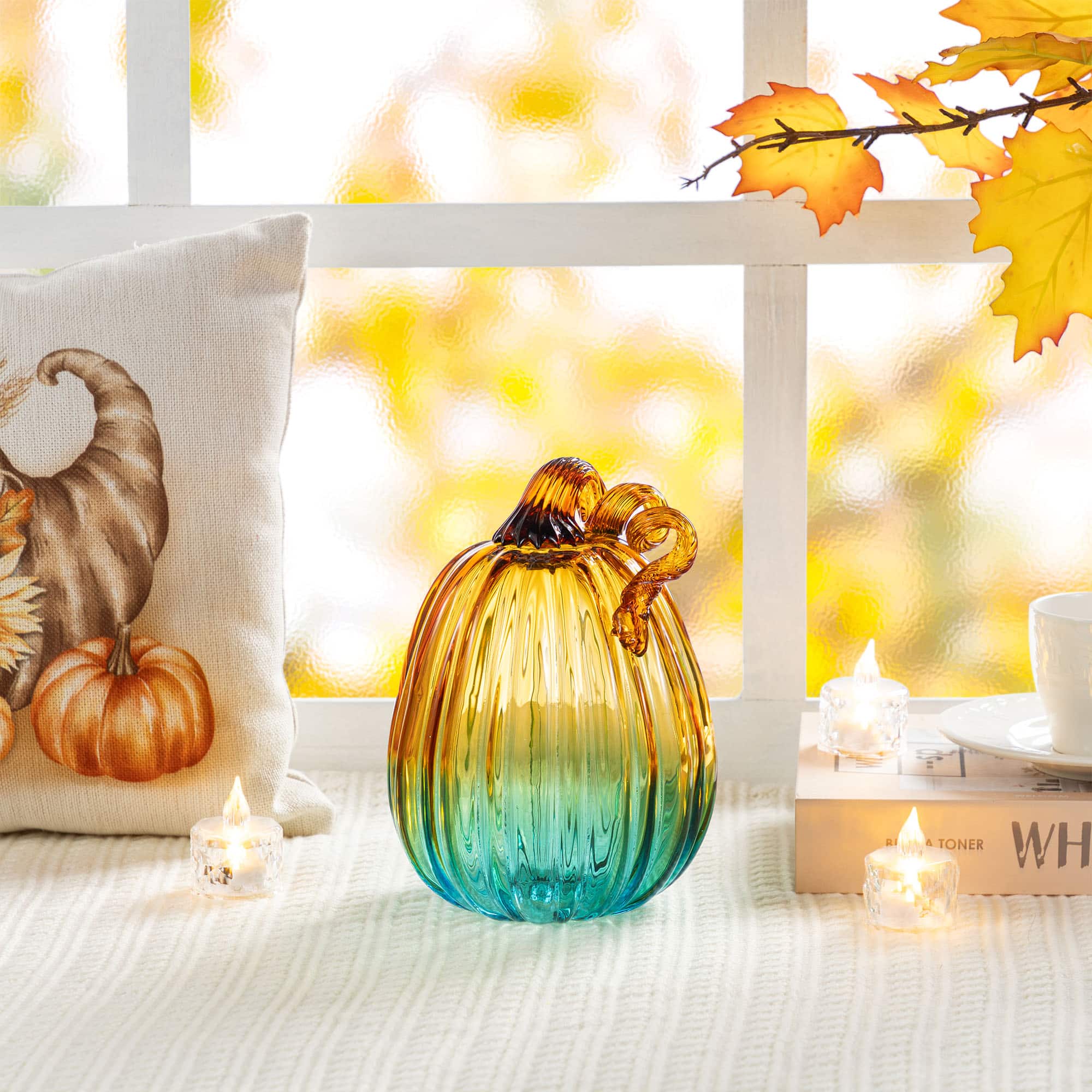 Glitzhome® 7" Gradient Turquoise Glass Pumpkin