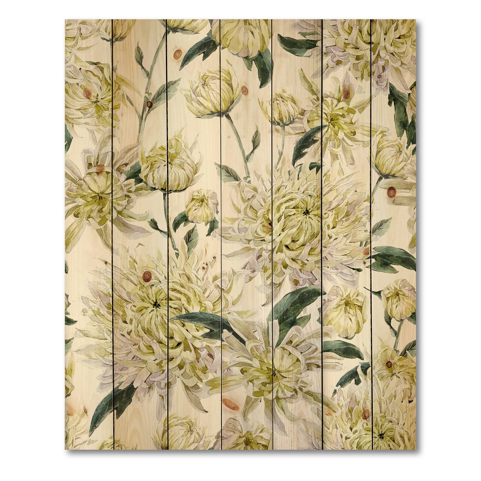 Designart - Vintage Yellow Chrysanthemus I - Traditional Print on Natural Pine Wood