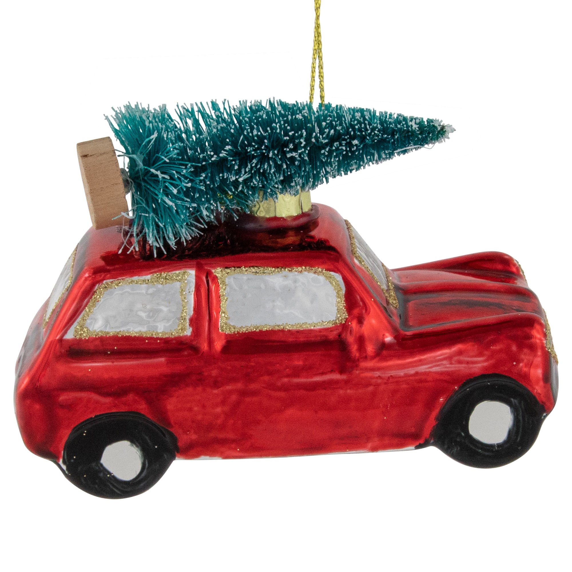 Station Wagon with Tree Glass Christmas Ornament - 3.5" - Red