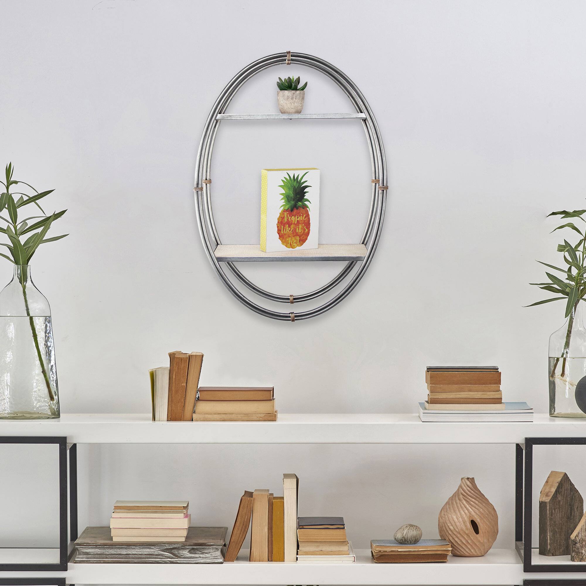 White Wood &#x26; Metal Hanging Oval Wall Shelf