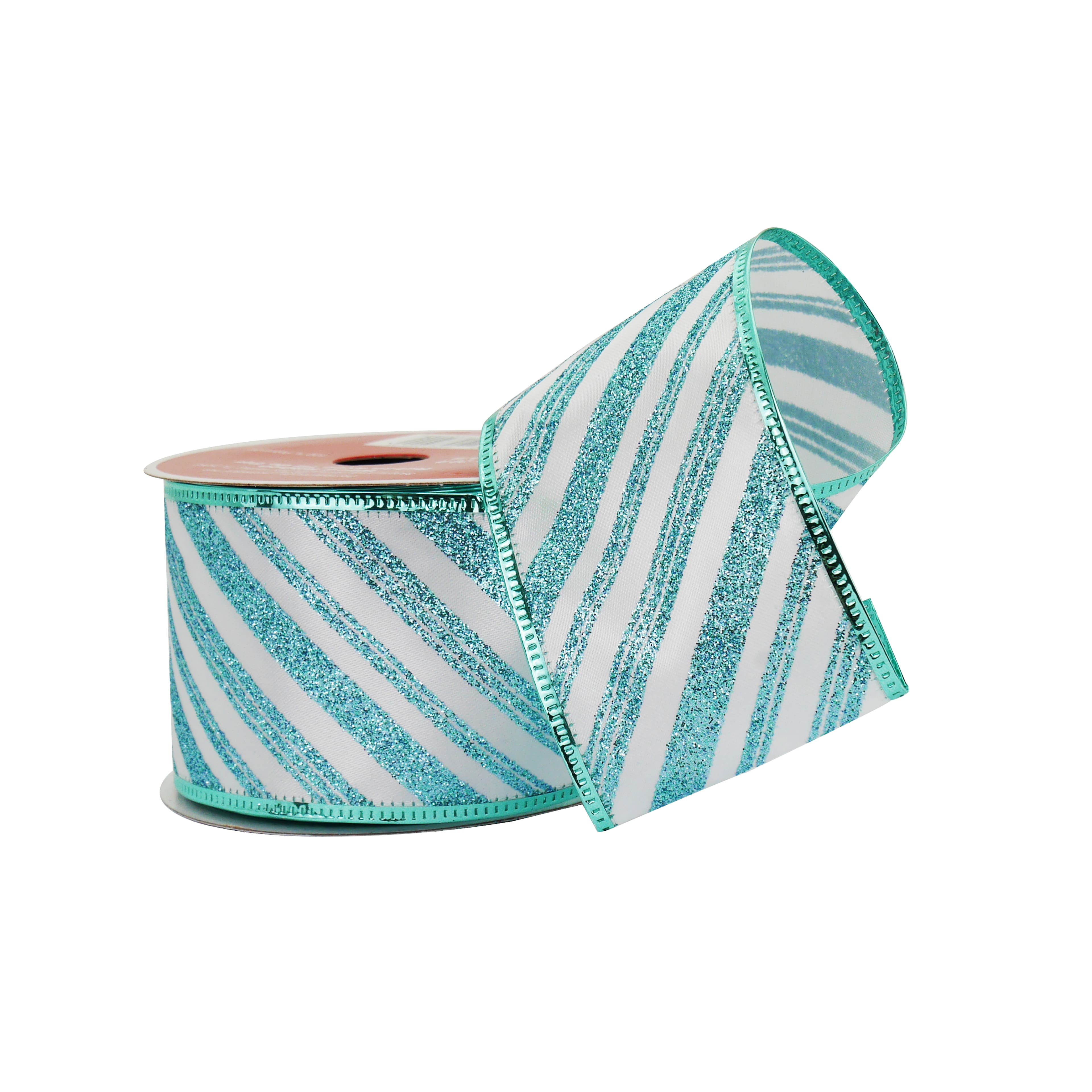 2.5&#x22; x 20ft. Turquoise Glitter Diagonal Stripes Wired Taffeta Ribbon by Celebrate It&#xAE;