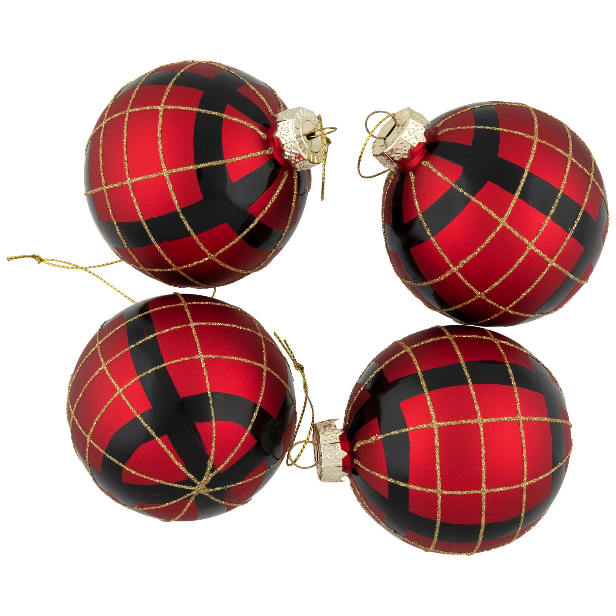 4ct. 3" Red, Black & Gold Plaid Glass Ball Ornaments