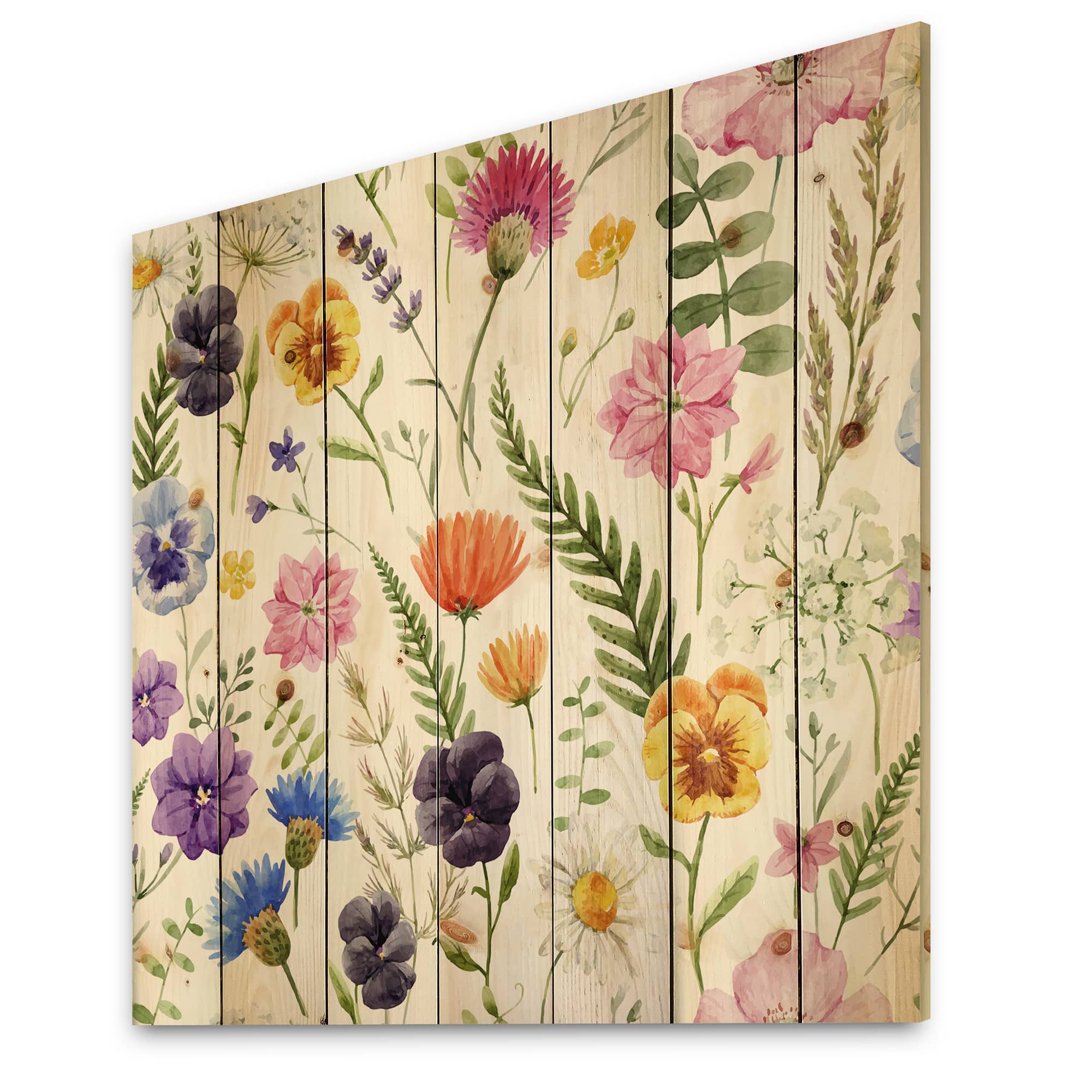 Designart - Wildflowers Floral Pattern I - Traditional Print on Natural Pine Wood