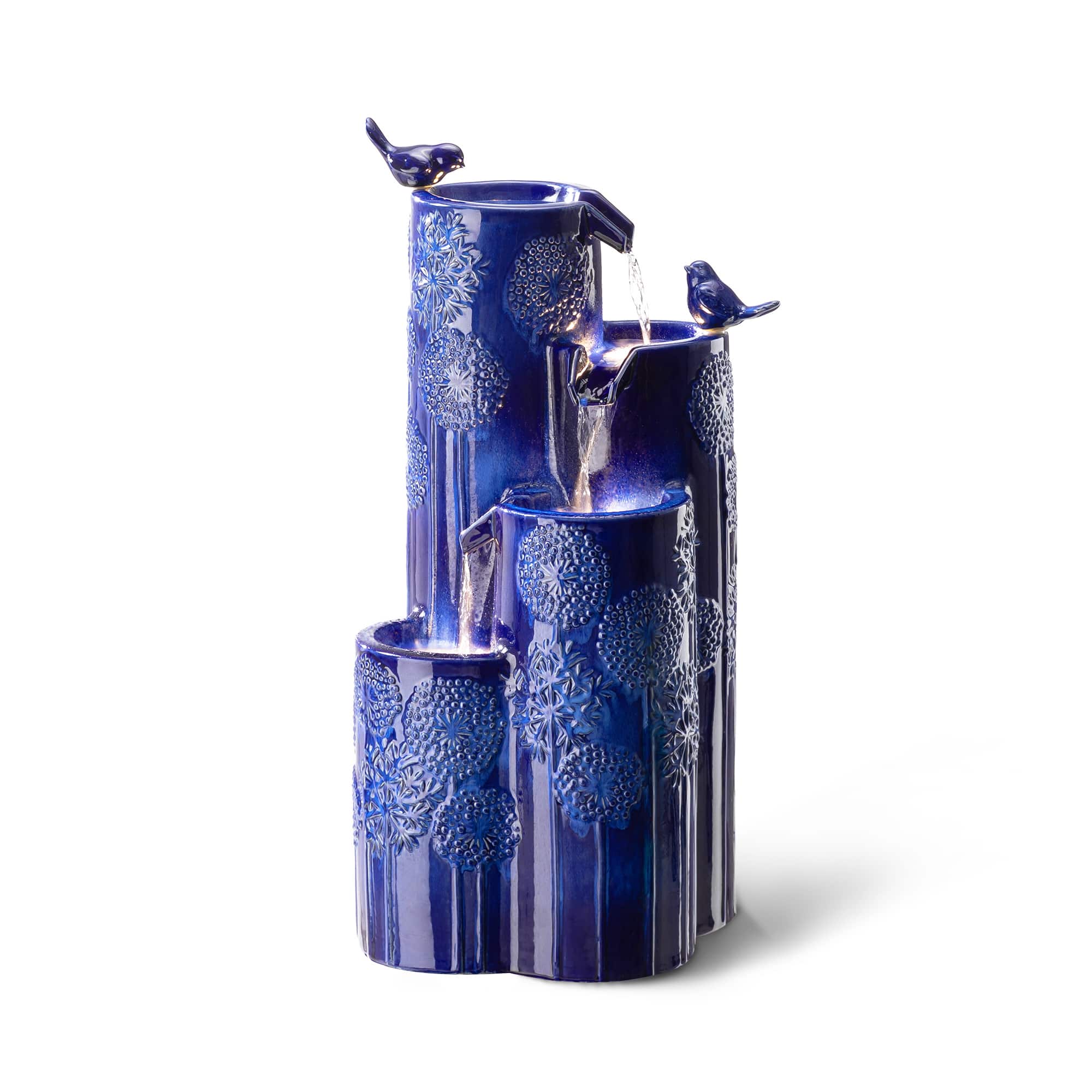 Glitzhome&#xAE; 31.75&#x22; Cobalt Blue 4-Tier Dandelion Texture Vase-Shaped Ceramic Outdoor Fountain with LED Light