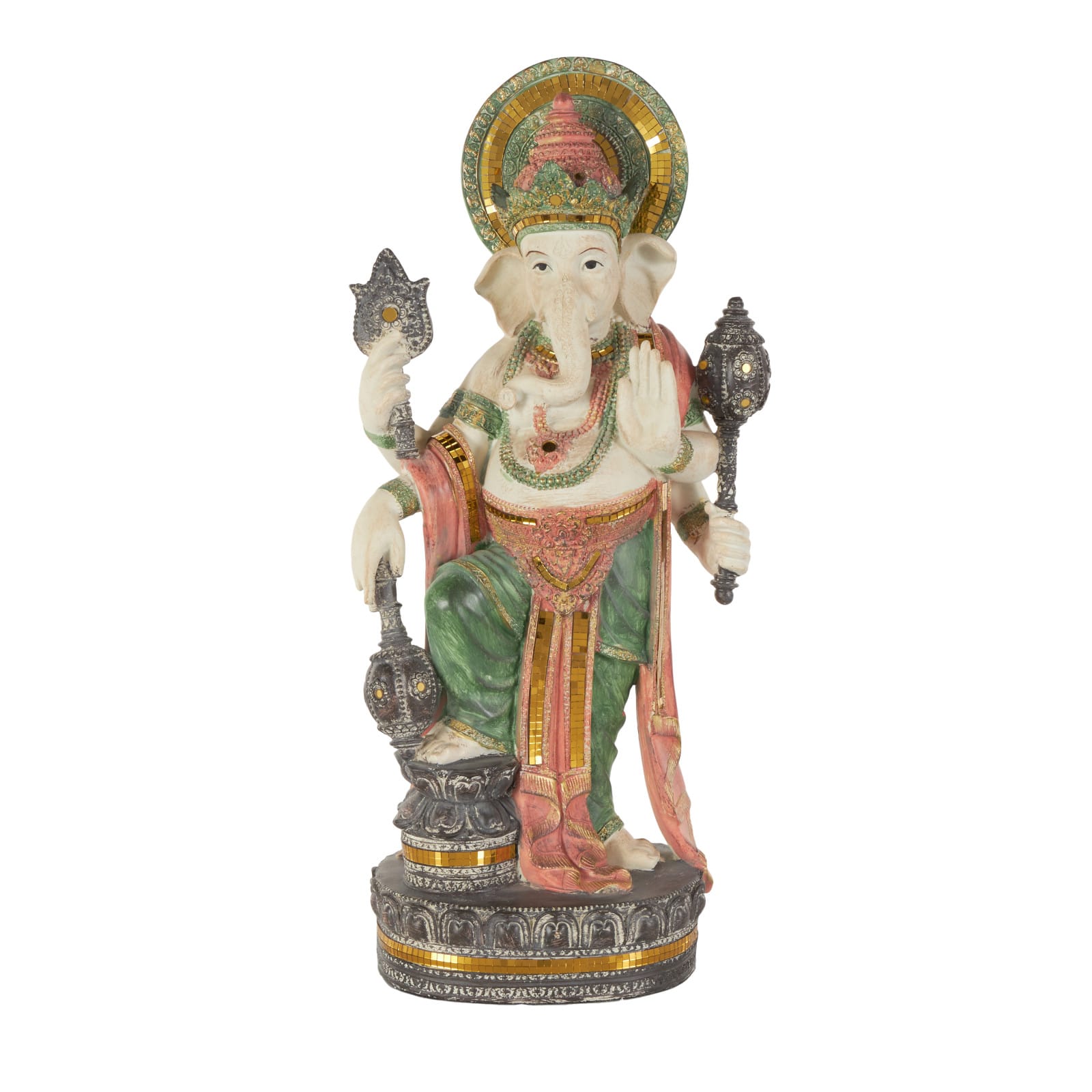 26.5" Gold Ganesh Sculpture with Green, Blue & Red Accents