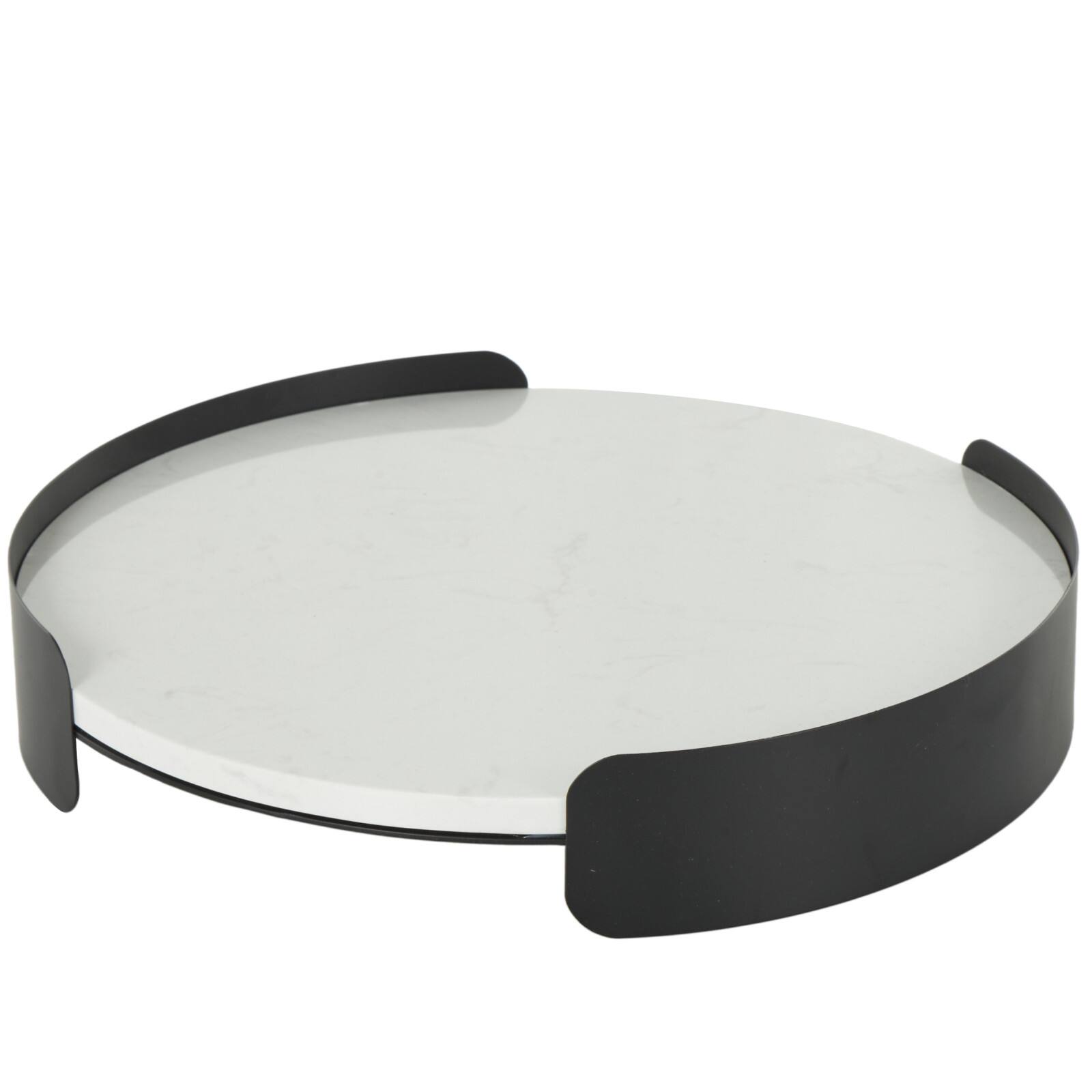 15.75" White Marble Round Living Room Décor Tray with Black Metal Frame