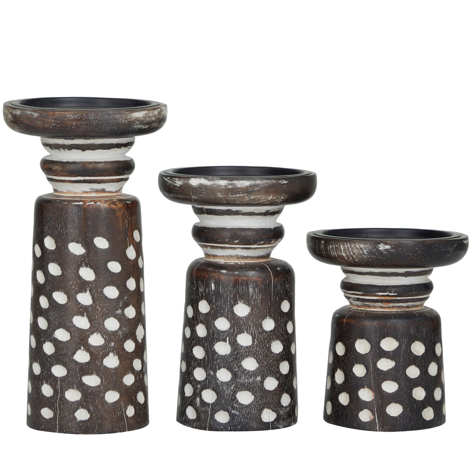 Dark Brown Mango Wood Round Carved Dotted Pillar Candle Holder Set