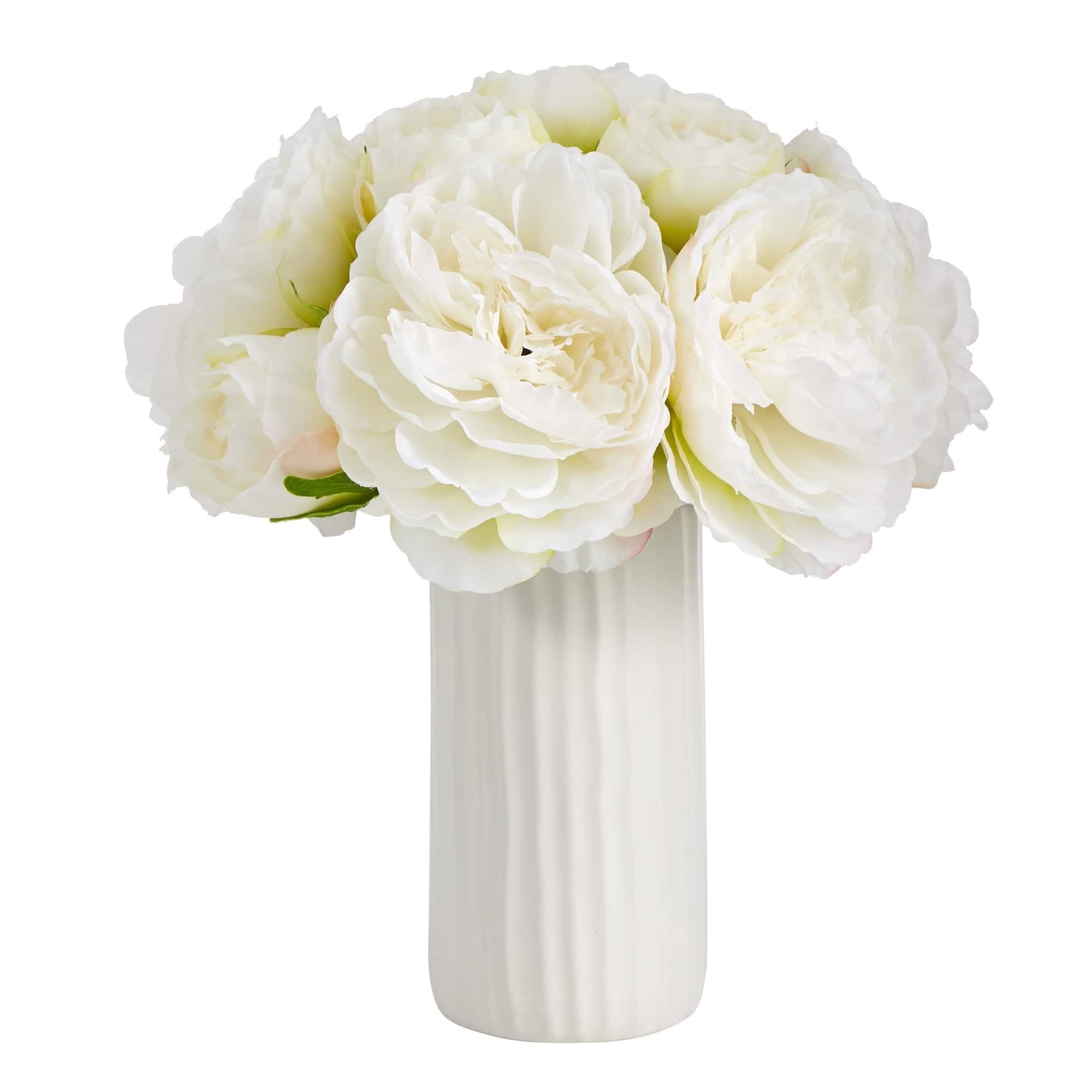 11" White Peony Arrangement in White Vase