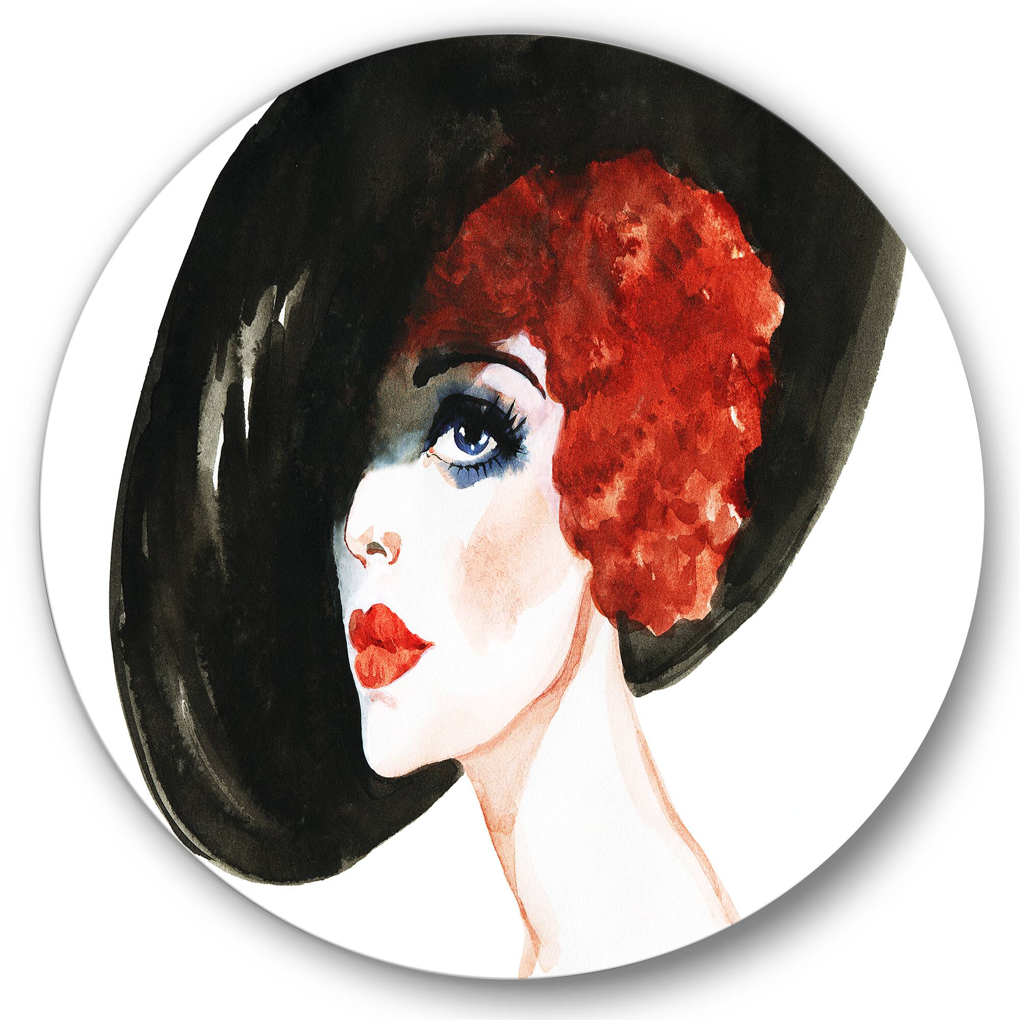 Designart - Red Head Lady In Hat Portrait of Woman - Modern Metal Circle Wall Art