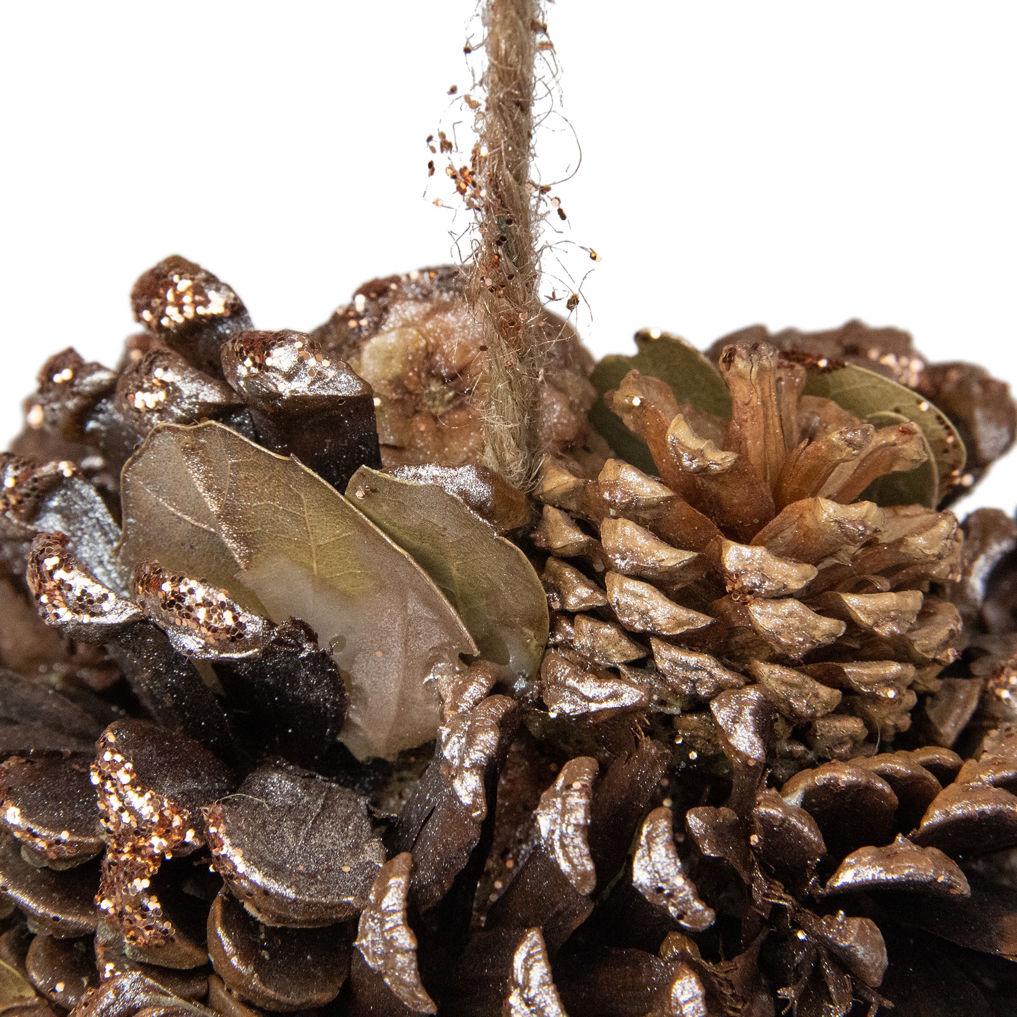 5" Glitter Copper Pine Cone And Leaves Round Ornament