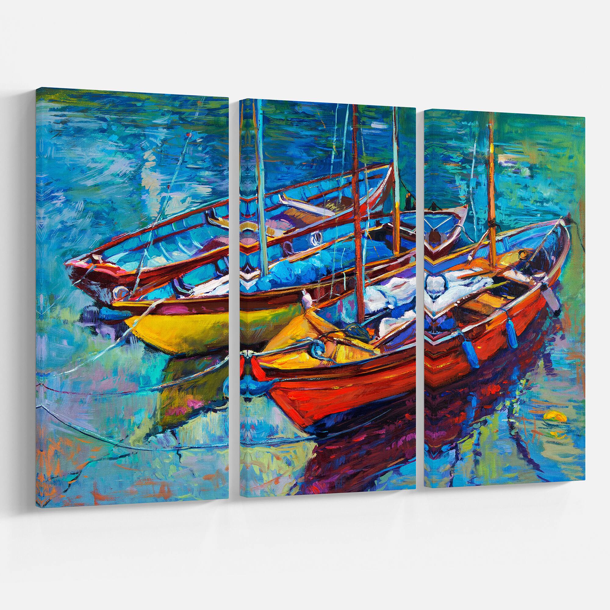Designart - Three Fishing Boat Oil Painting - Sea & Shore Painting Print on Wrapped Canvas set