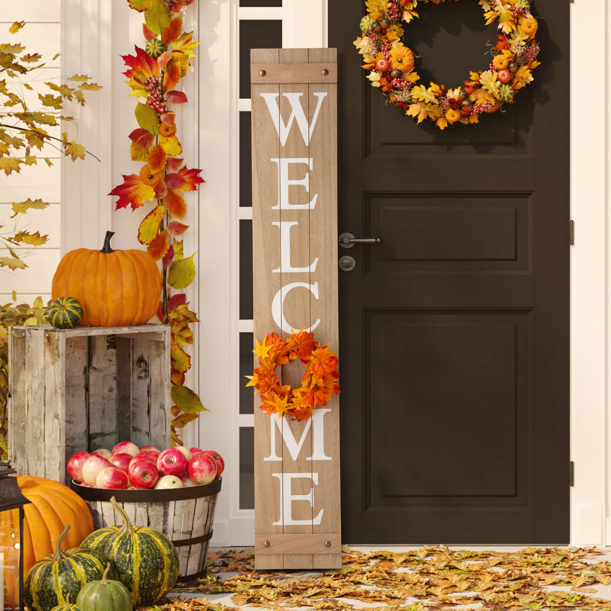 Glitzhome® 5ft. Brown Welcome Wood Porch Sign with 4 Changeable Wreaths
